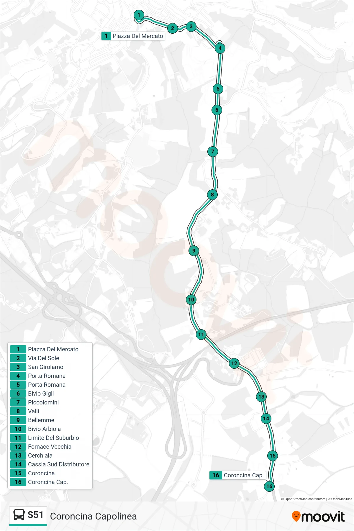 Linea S51 bus (Coroncina Capolinea) - Percorsi e fermate sulla mappa