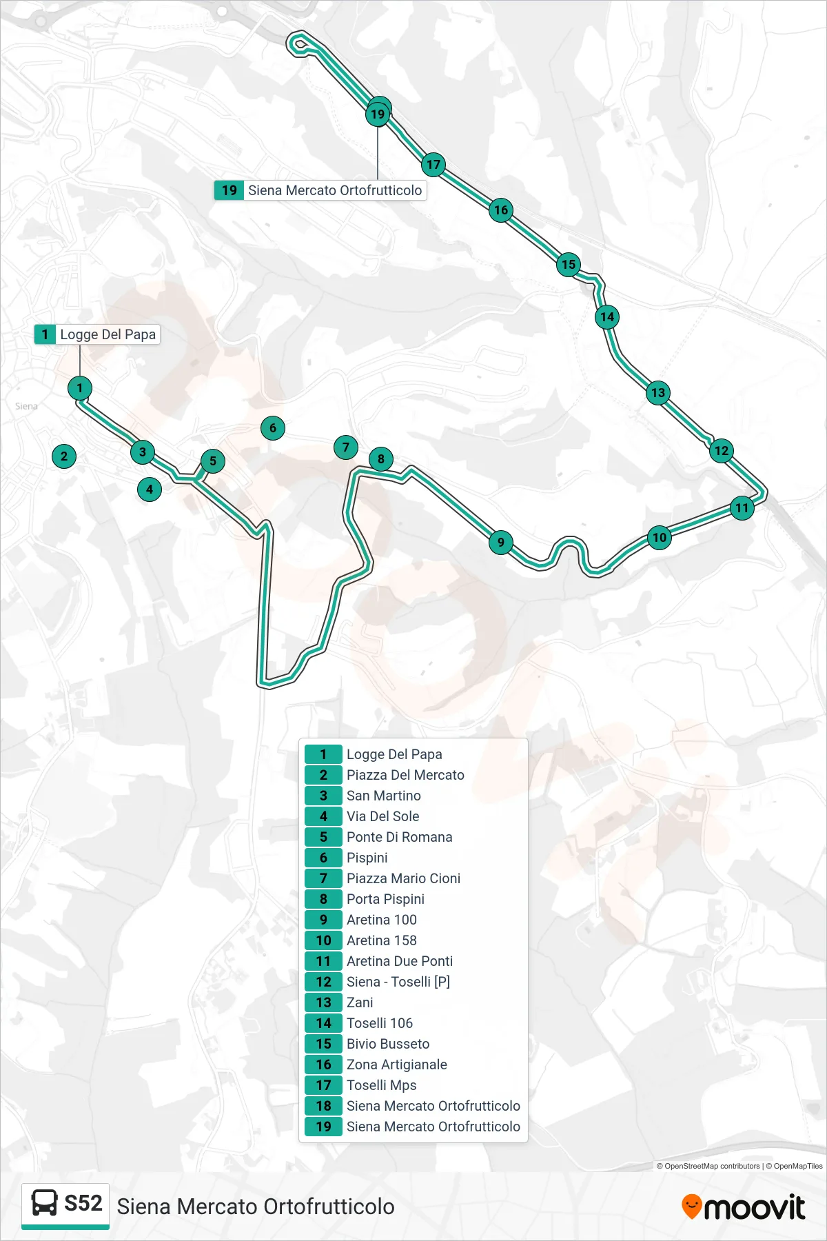 Linea S52 bus (Siena Mercato Ortofrutticolo) - Percorsi e fermate sulla mappa
