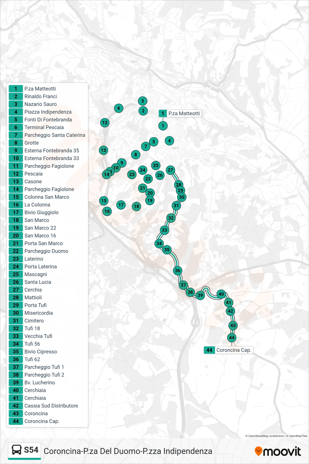 Linea S54 bus (Coroncina Capolinea) - Percorsi e fermate sulla mappa