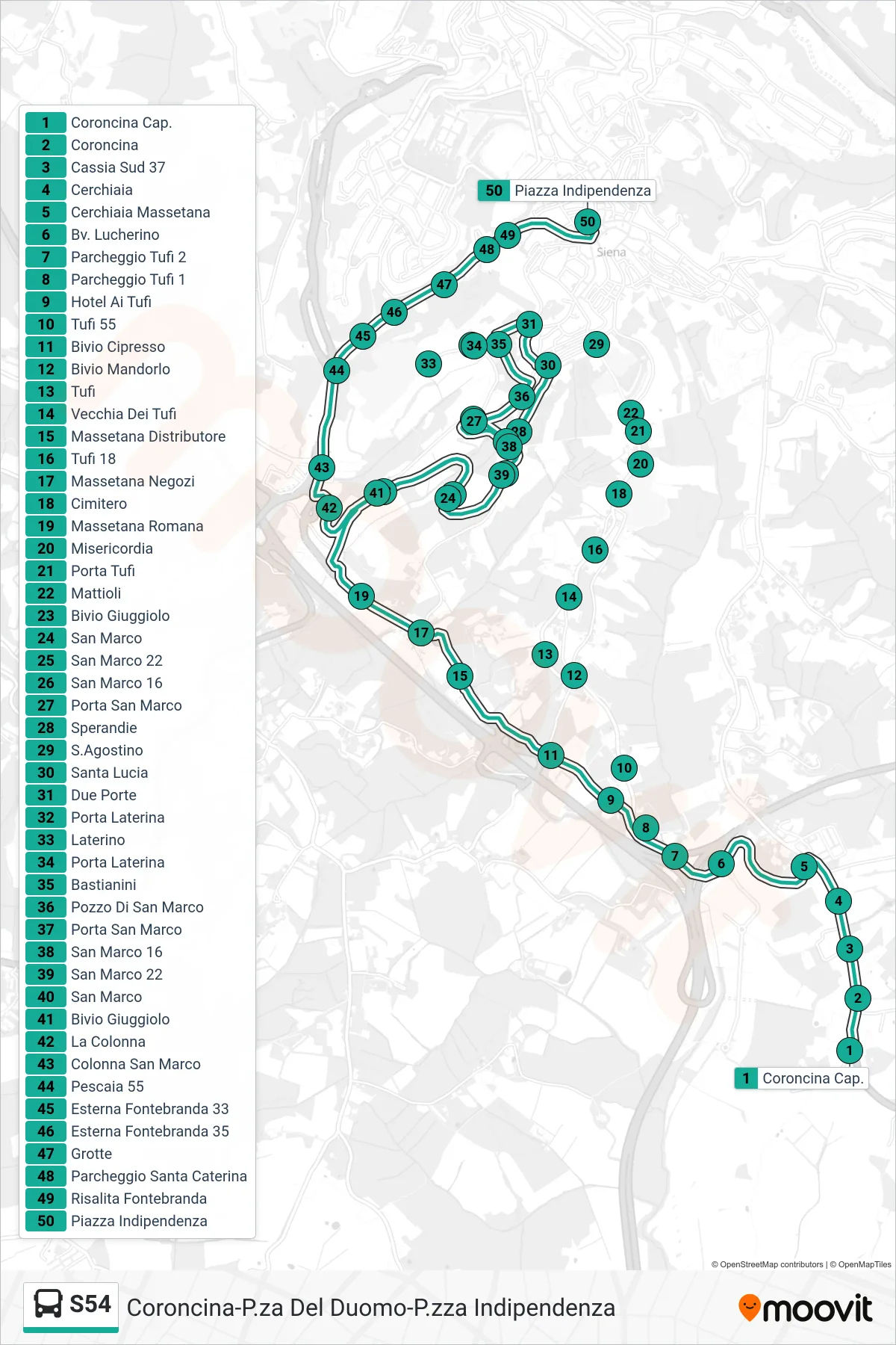 Linea S54  bus (Piazza Indipendenza) - Percorsi e fermate sulla mappa
