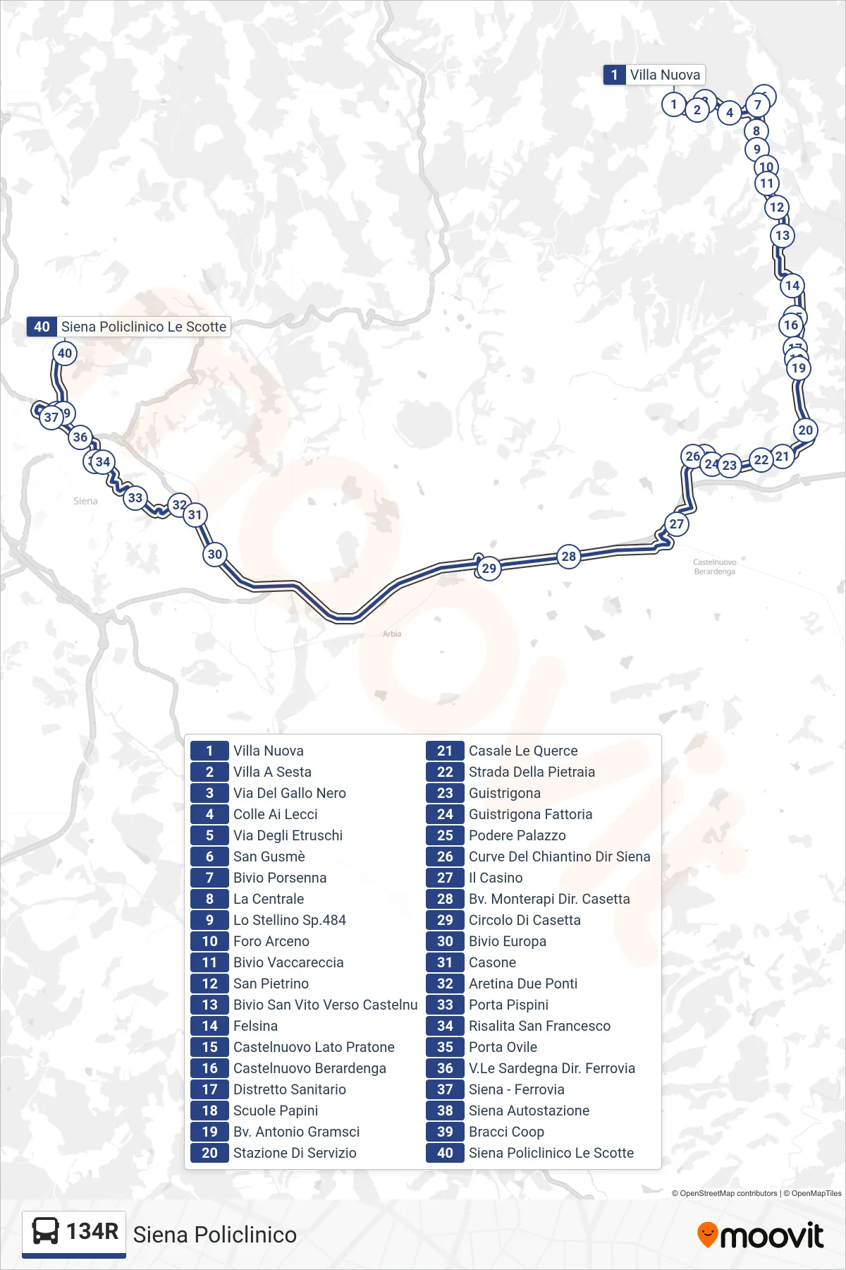 Linea 134R bus (Siena Policlinico) - Percorsi e fermate sulla mappa
