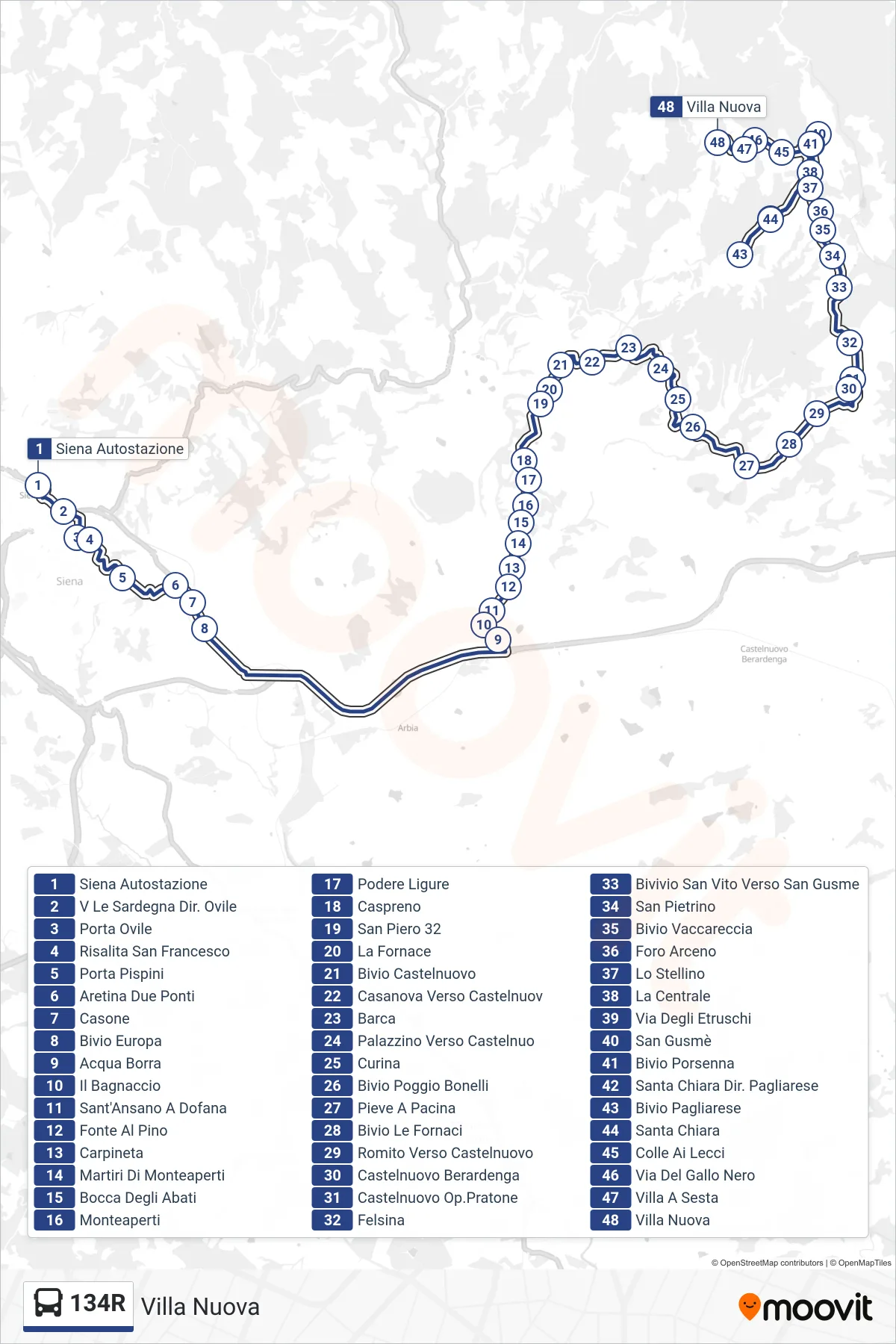 Linea 134R bus (Villa Nuova) - Percorsi e fermate sulla mappa