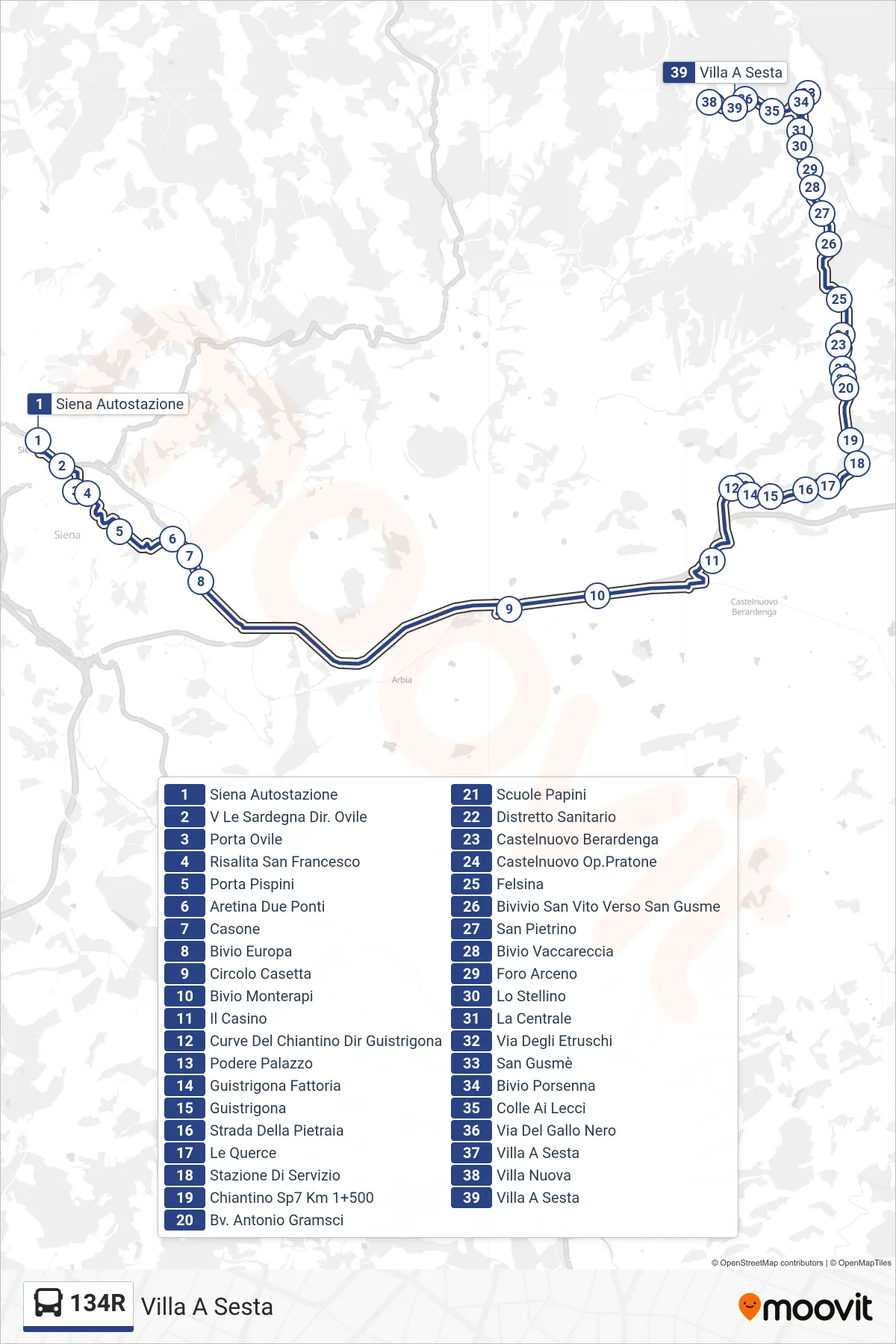 Linea 134R  bus (Villa A Sesta) - Percorsi e fermate sulla mappa