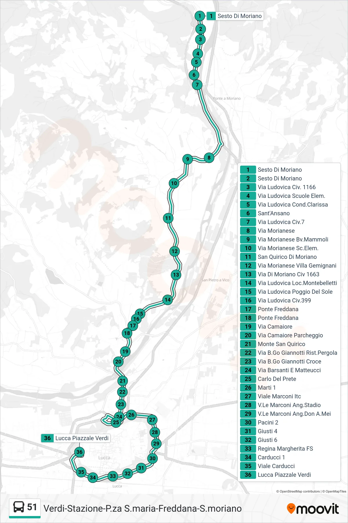 Linea 51  tram (Lucca Piazzale Verdi) - Percorsi e fermate sulla mappa