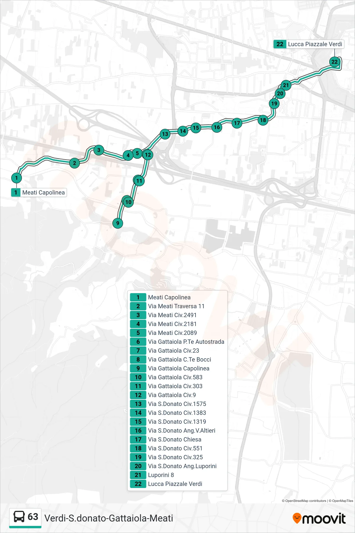 Linea 63  tram (Lucca Piazzale Verdi) - Percorsi e fermate sulla mappa