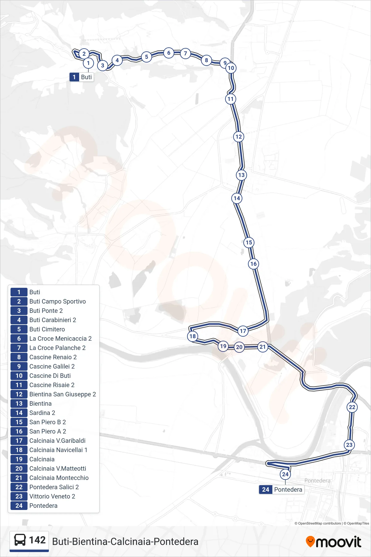 Linea 142  tram (Pontedera) - Percorsi e fermate sulla mappa