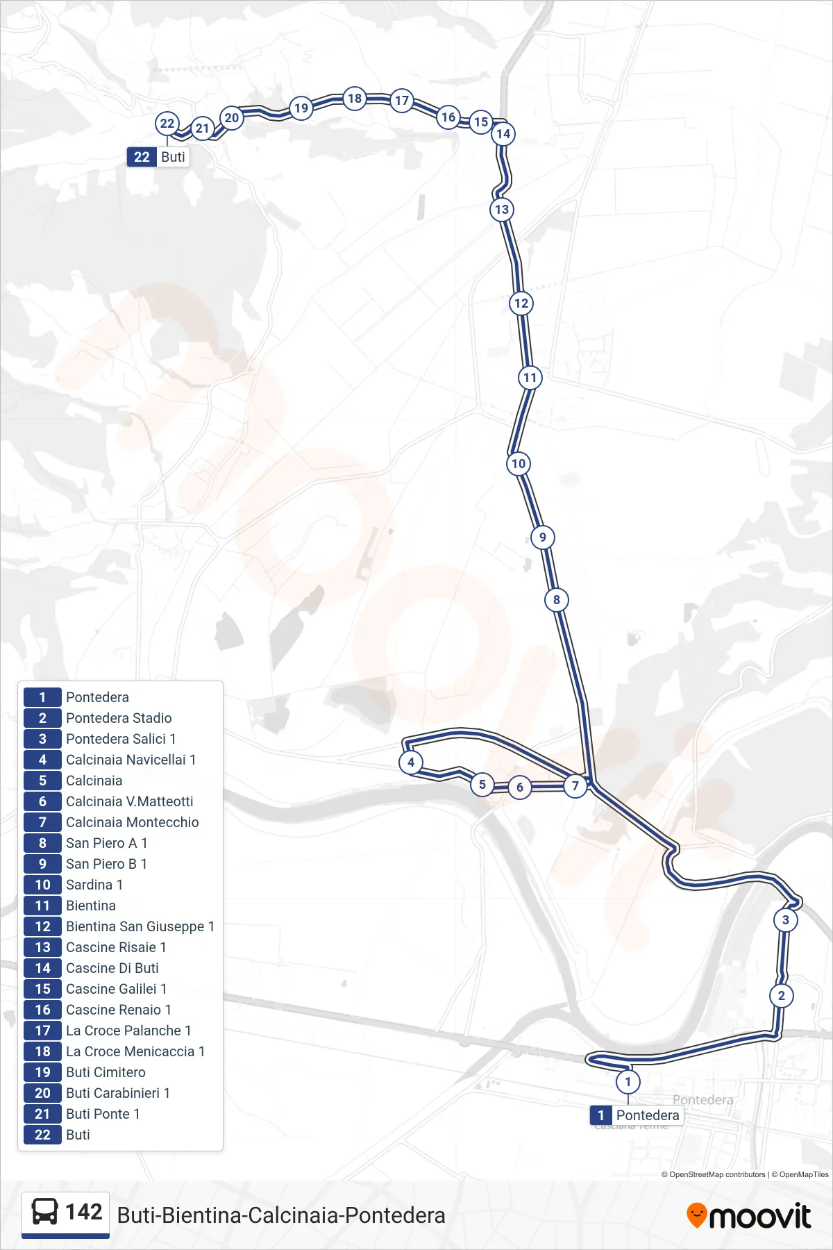 Linea 142 tram (Buti) - Percorsi e fermate sulla mappa