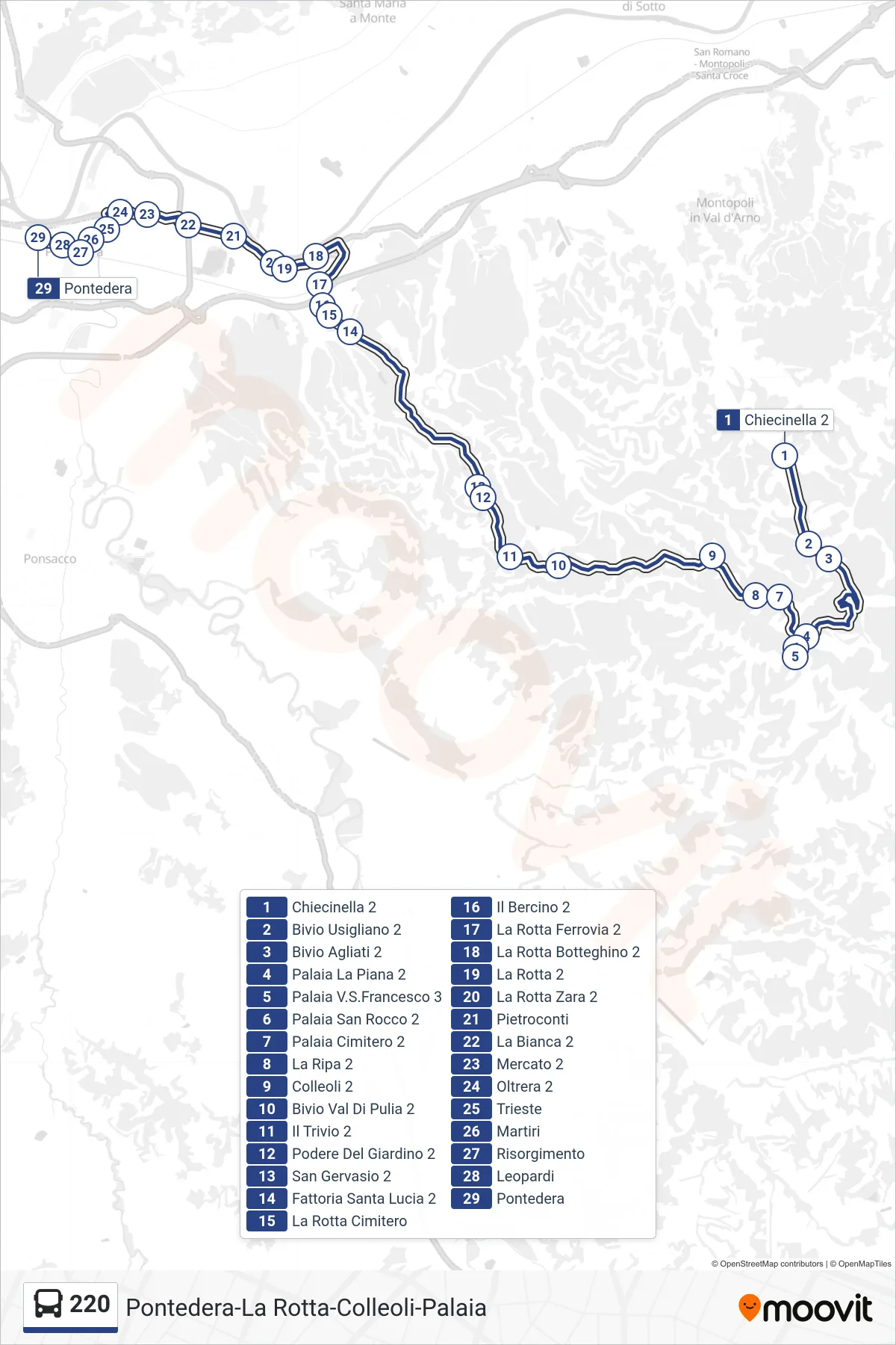 Linea 220 tram (Pontedera) - Percorsi e fermate sulla mappa