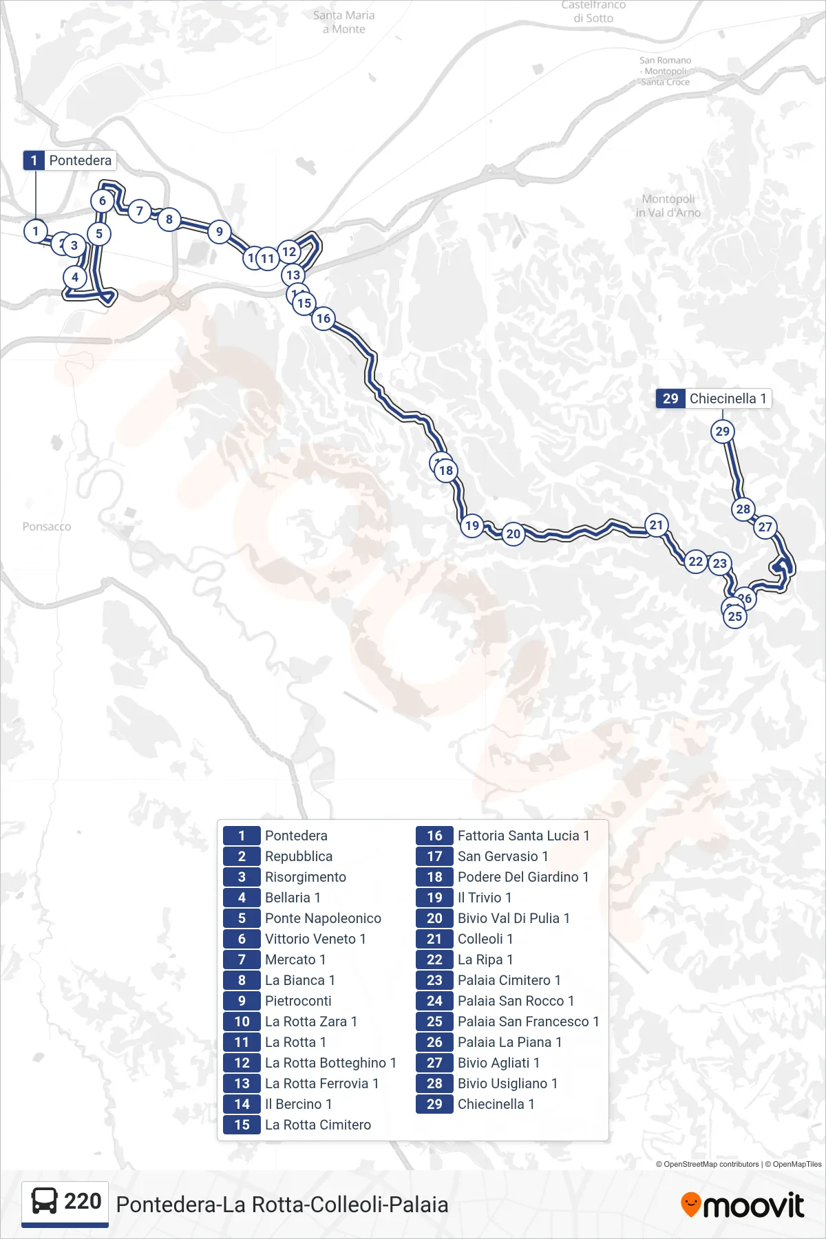 Linea 220  tram (Chiecinella 1) - Percorsi e fermate sulla mappa