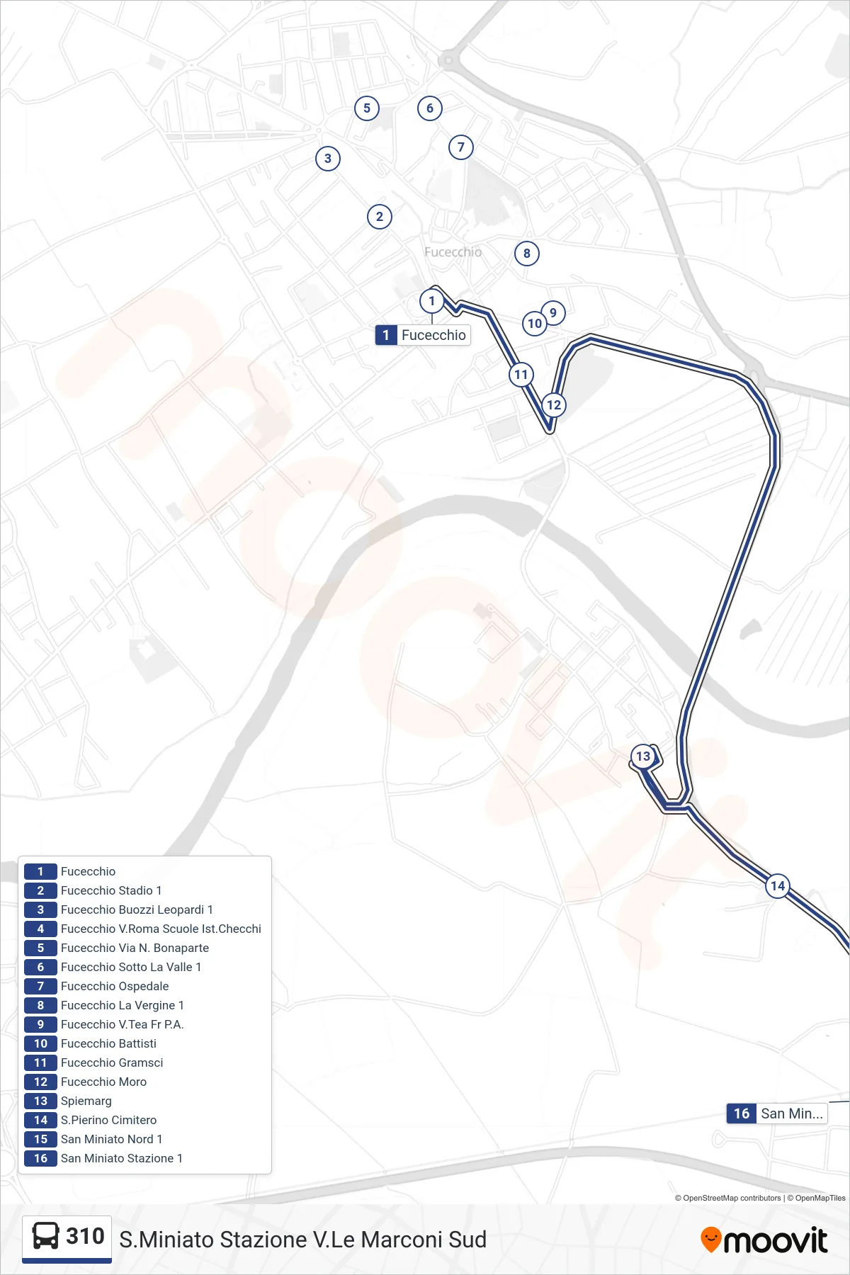 Linea 310  tram (S.Miniato Stazione V.Le Marconi Sud) - Percorsi e fermate sulla mappa