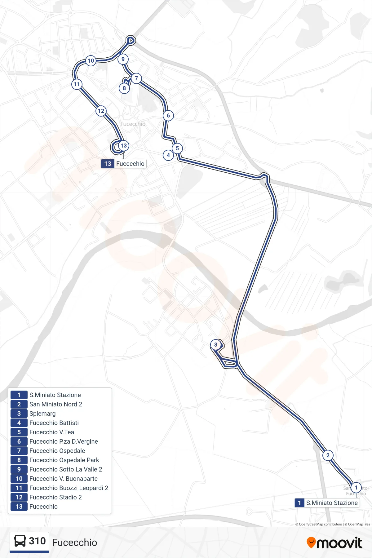 Linea 310 tram (Fucecchio) - Percorsi e fermate sulla mappa