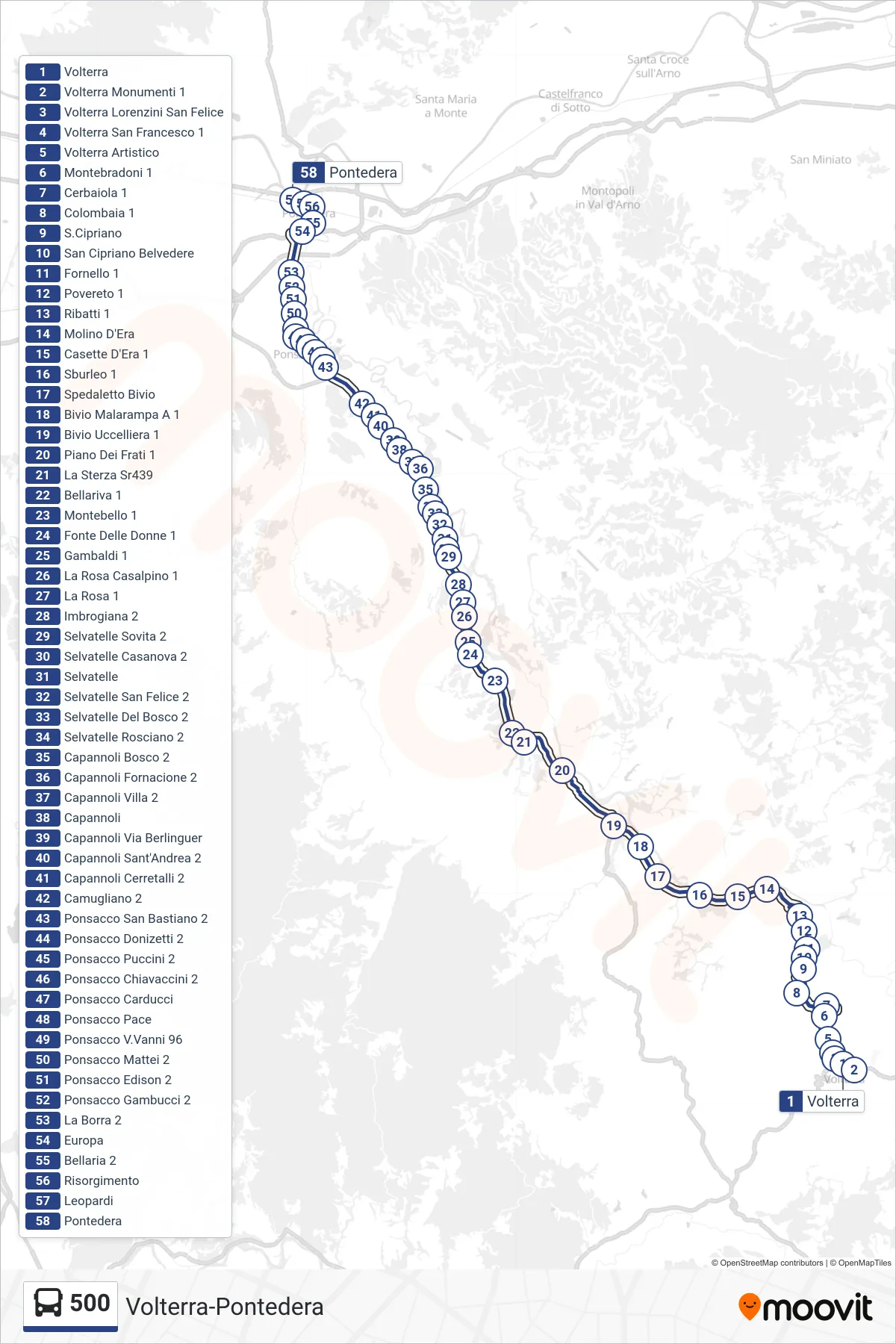 Linea 500 tram (Pontedera) - Percorsi e fermate sulla mappa