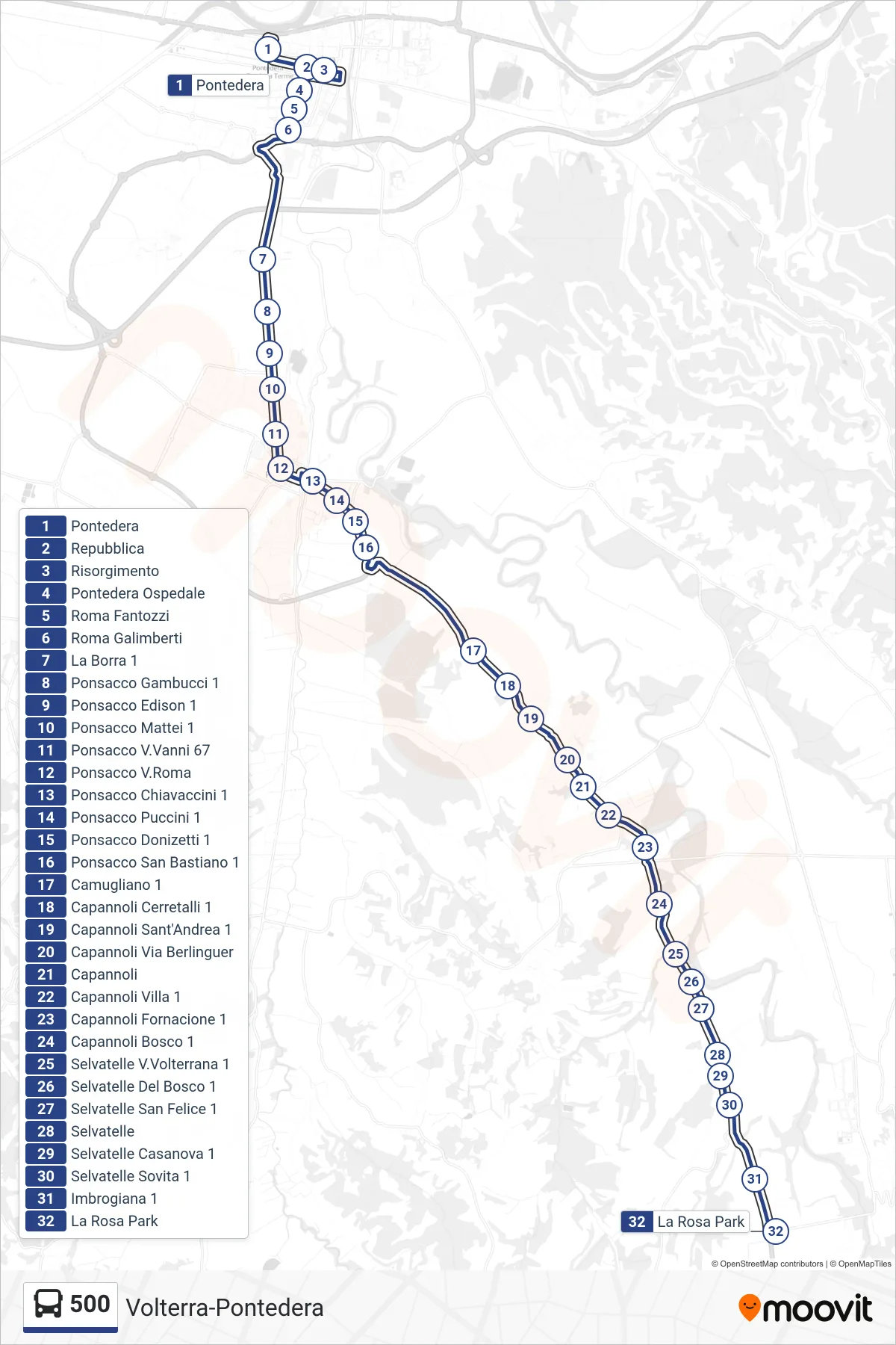 Linea 500 tram (La Rosa Park) - Percorsi e fermate sulla mappa