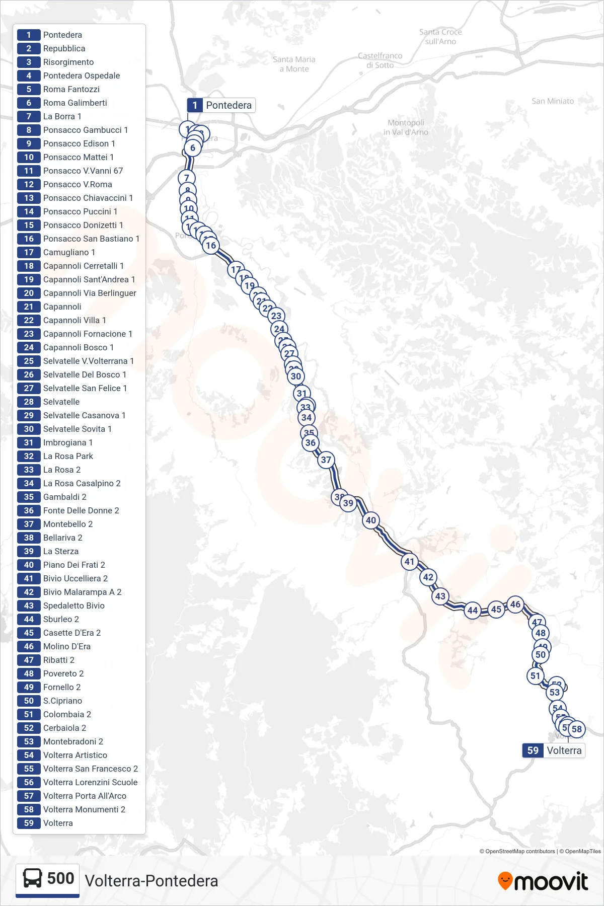 Linea 500 tram (Volterra) - Percorsi e fermate sulla mappa