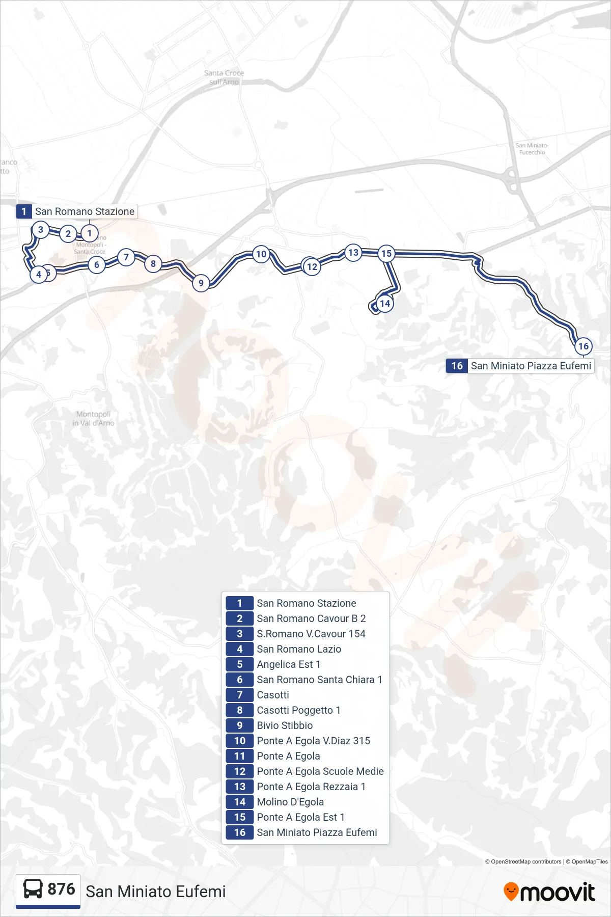 Linea 876  tram (San Miniato Eufemi) - Percorsi e fermate sulla mappa