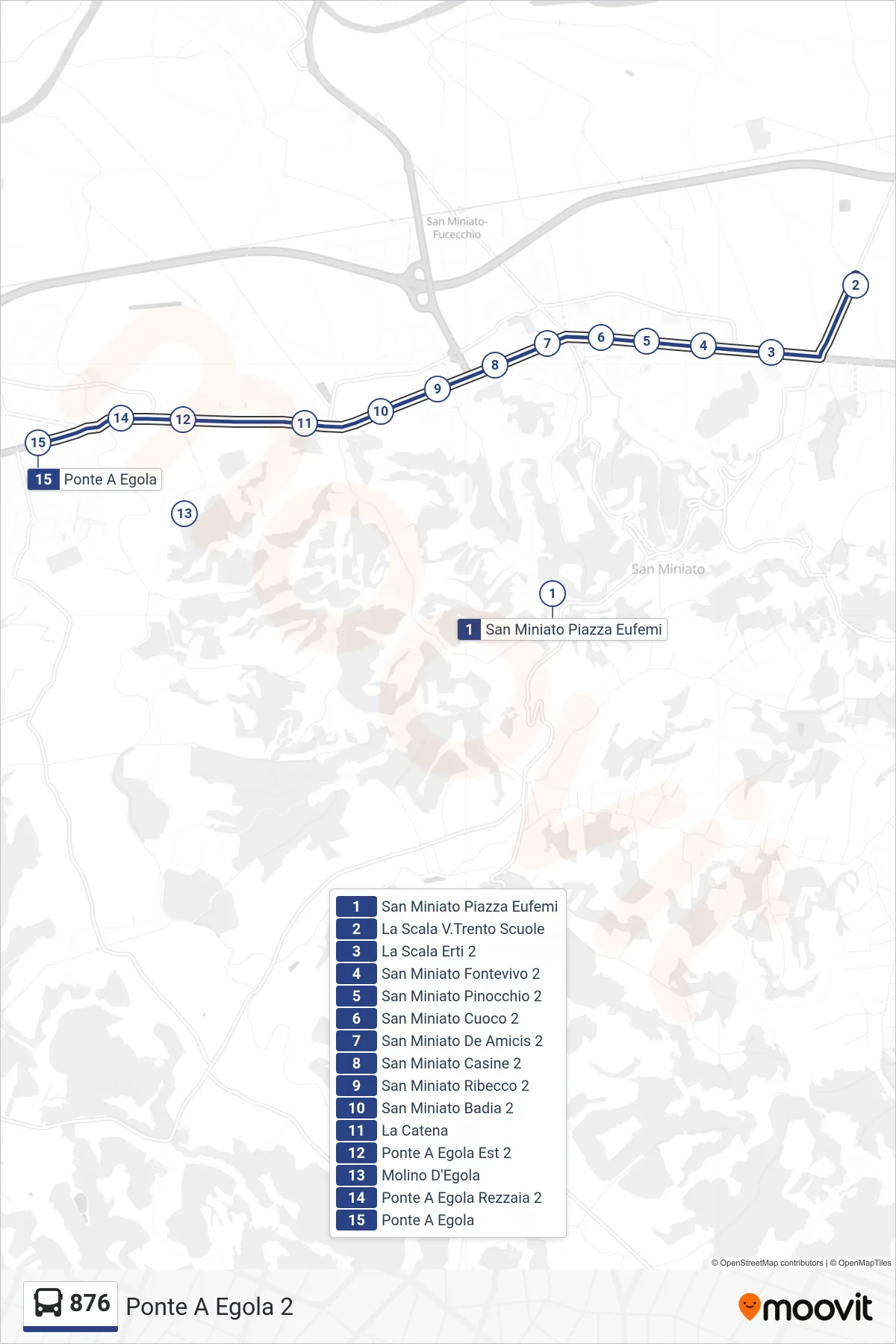 Linea 876 tram (Ponte A Egola 2) - Percorsi e fermate sulla mappa