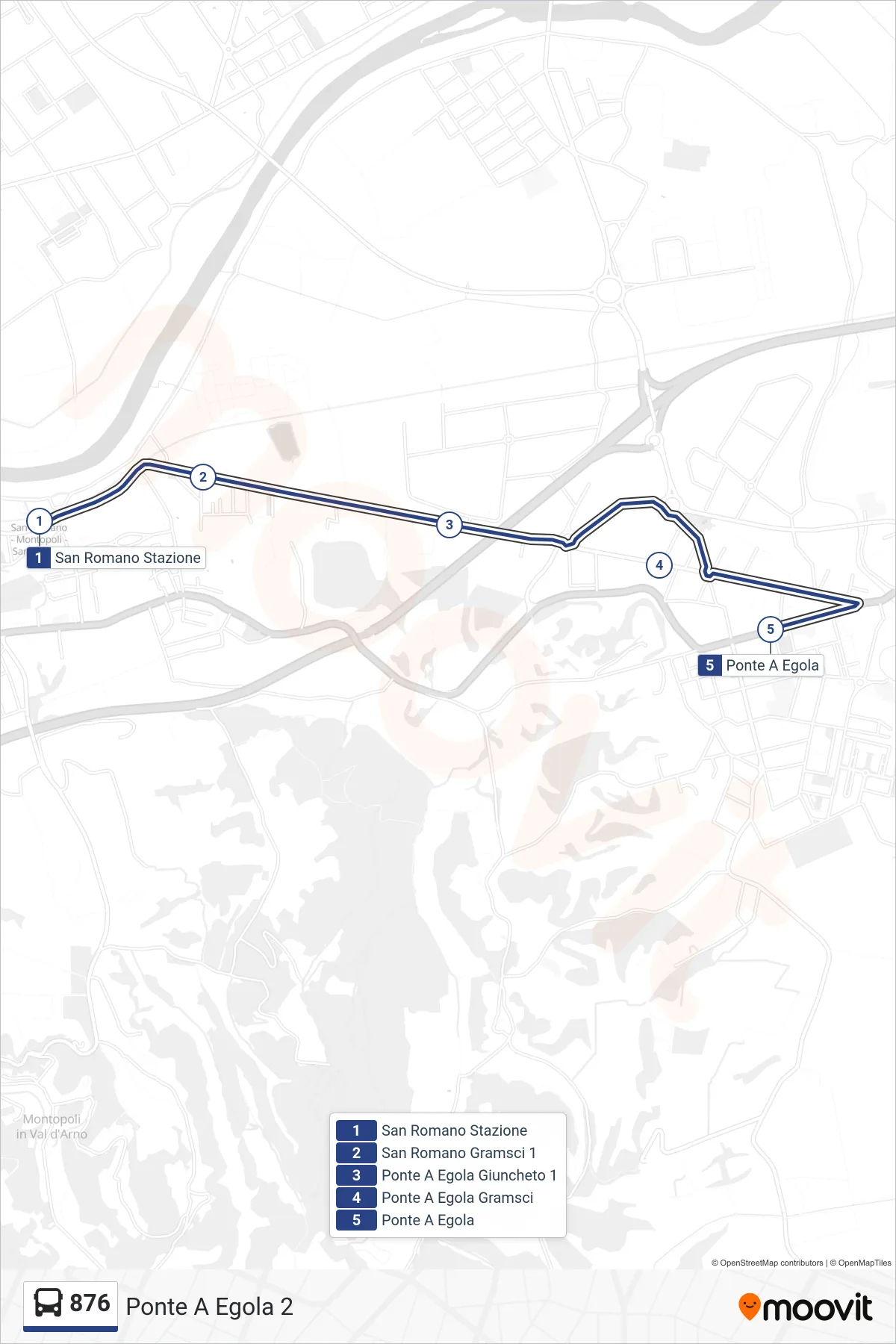 Linea 876 tram (Ponte A Egola 2) - Percorsi e fermate sulla mappa