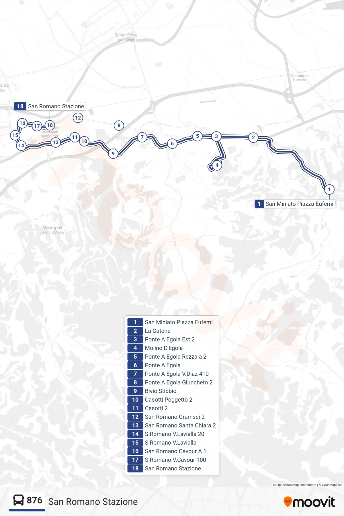Linea 876 tram (San Romano Stazione) - Percorsi e fermate sulla mappa