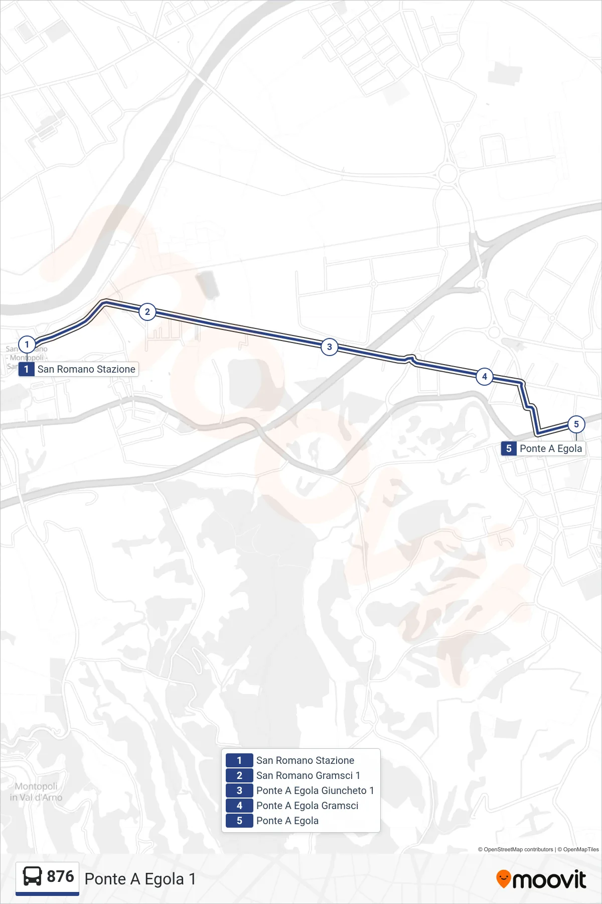 Linea 876  tram (Ponte A Egola 1) - Percorsi e fermate sulla mappa