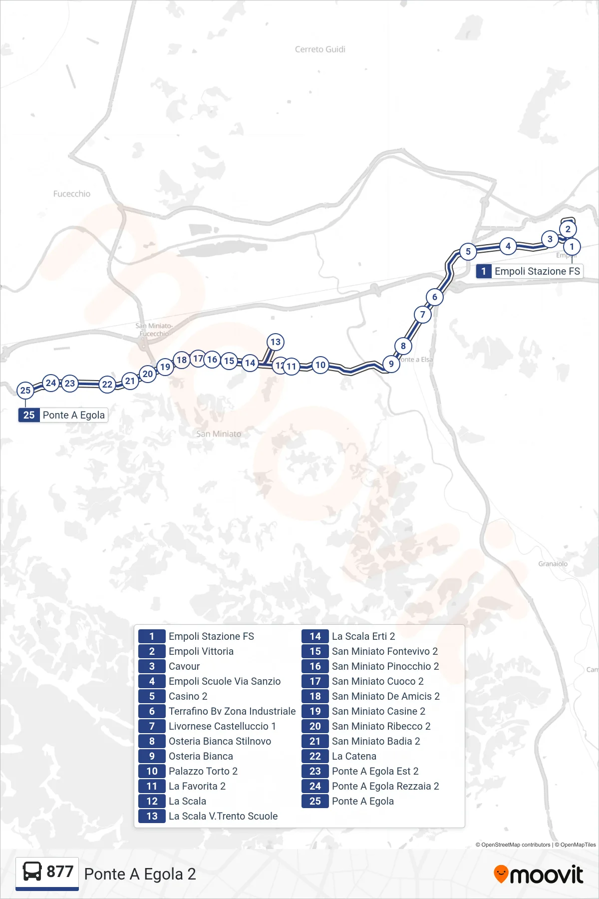Linea 877 tram (Ponte A Egola 2) - Percorsi e fermate sulla mappa