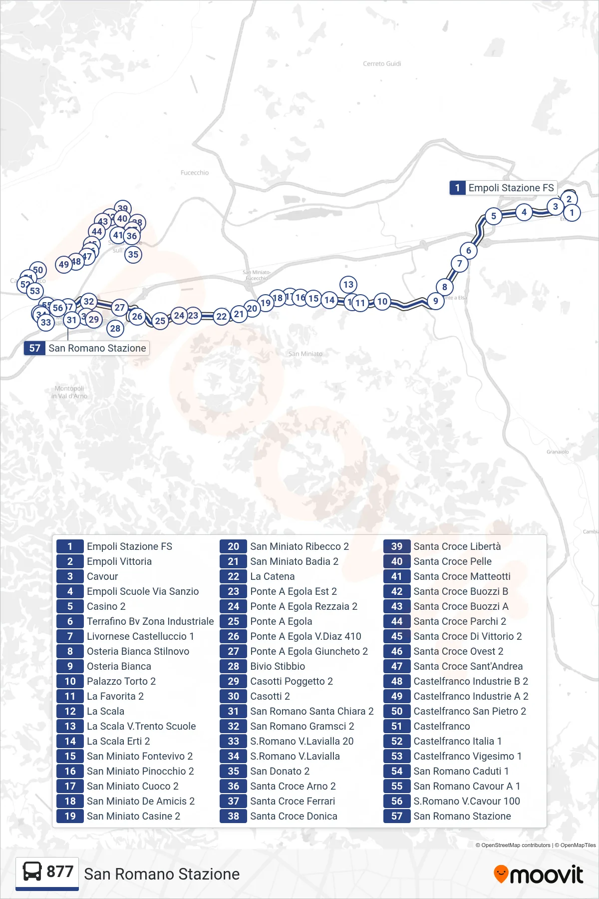 Linea 877 tram (San Romano Stazione) - Percorsi e fermate sulla mappa