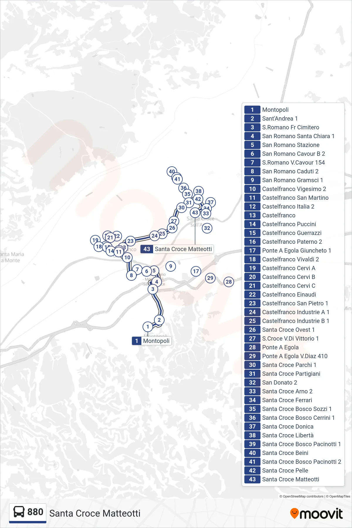 Linea 880 tram (Santa Croce Matteotti) - Percorsi e fermate sulla mappa