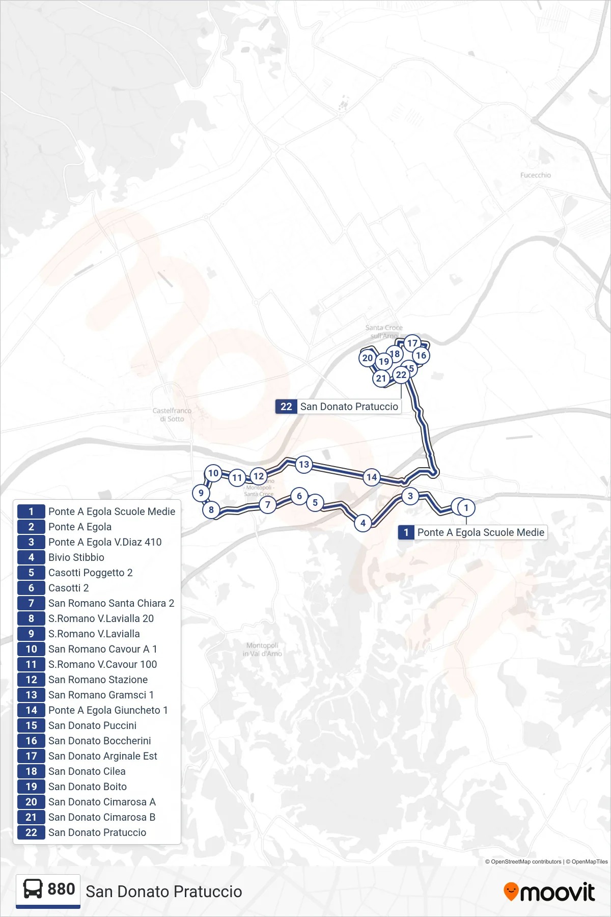 Linea 880 tram (San Donato Pratuccio) - Percorsi e fermate sulla mappa