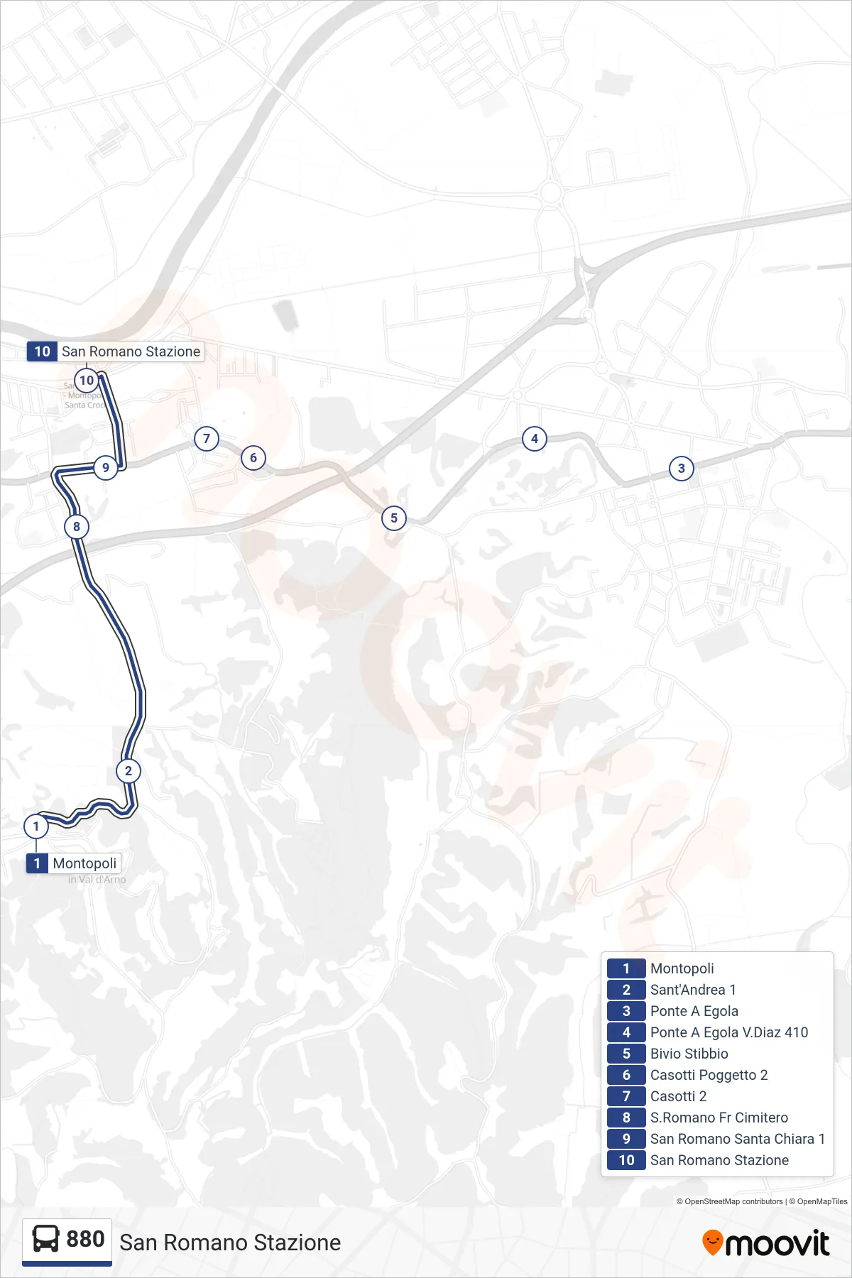 Linea 880  tram (San Romano Stazione) - Percorsi e fermate sulla mappa