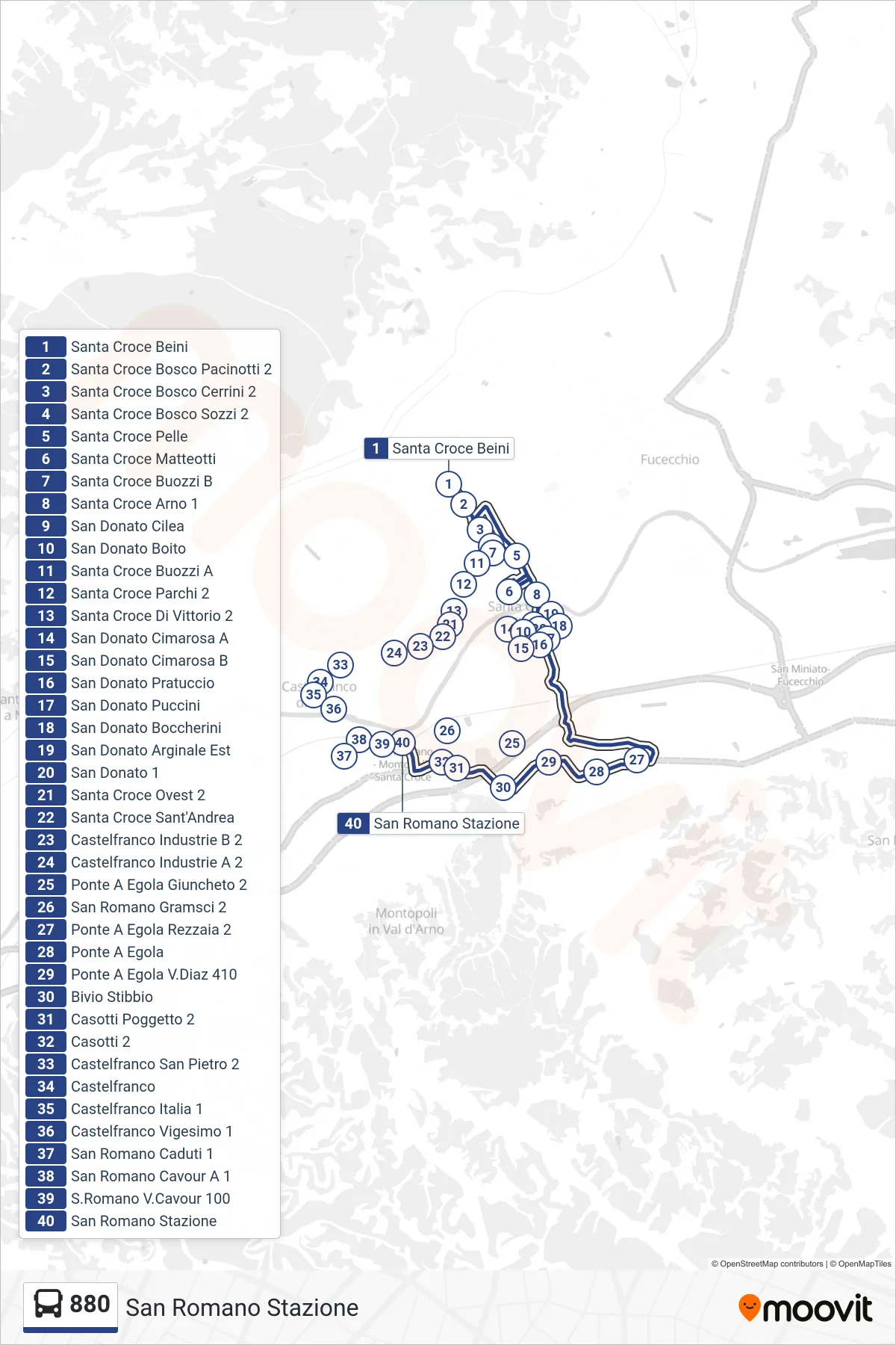 Linea 880  tram (San Romano Stazione) - Percorsi e fermate sulla mappa