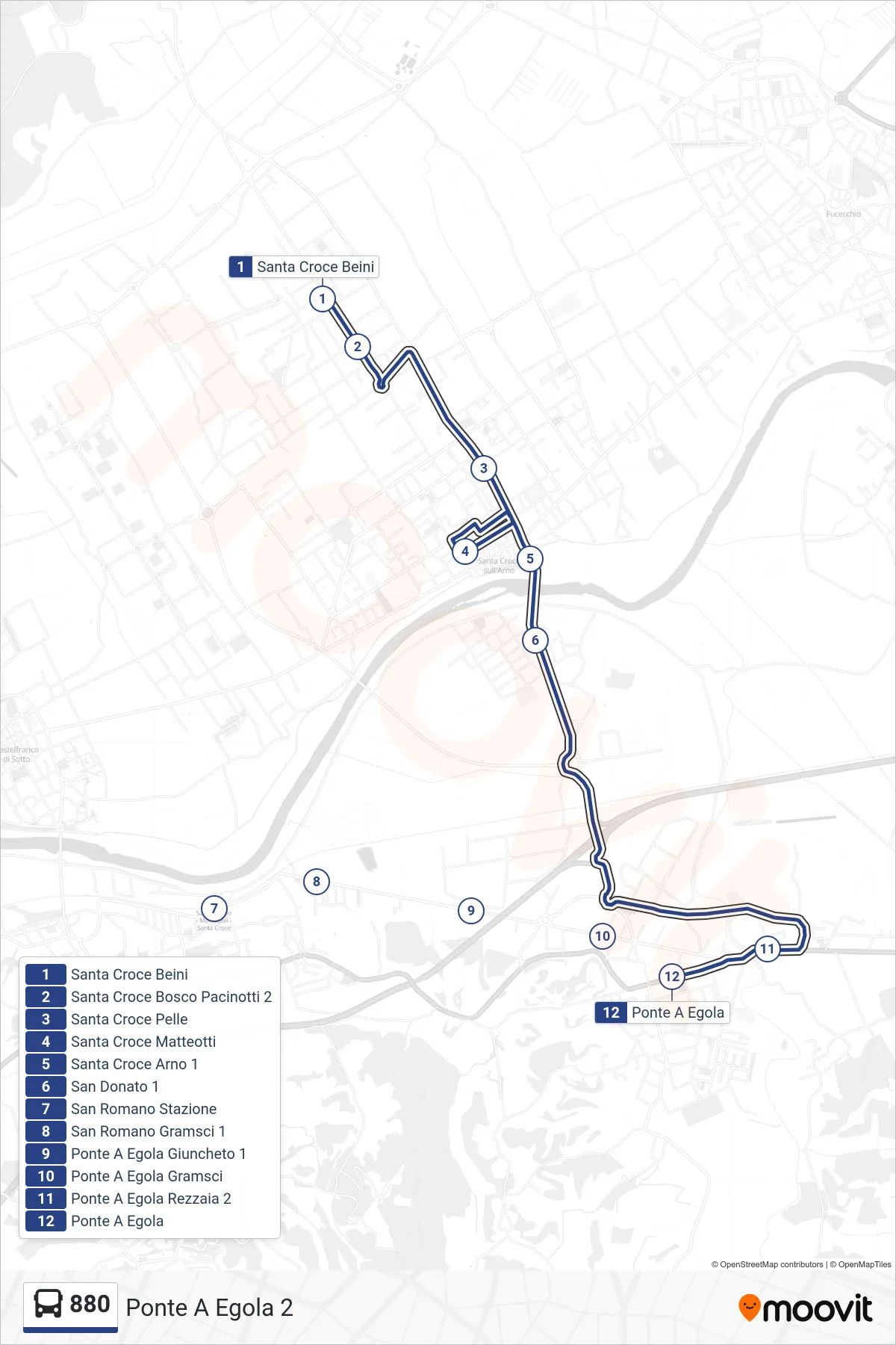 Linea 880  tram (Ponte A Egola 2) - Percorsi e fermate sulla mappa