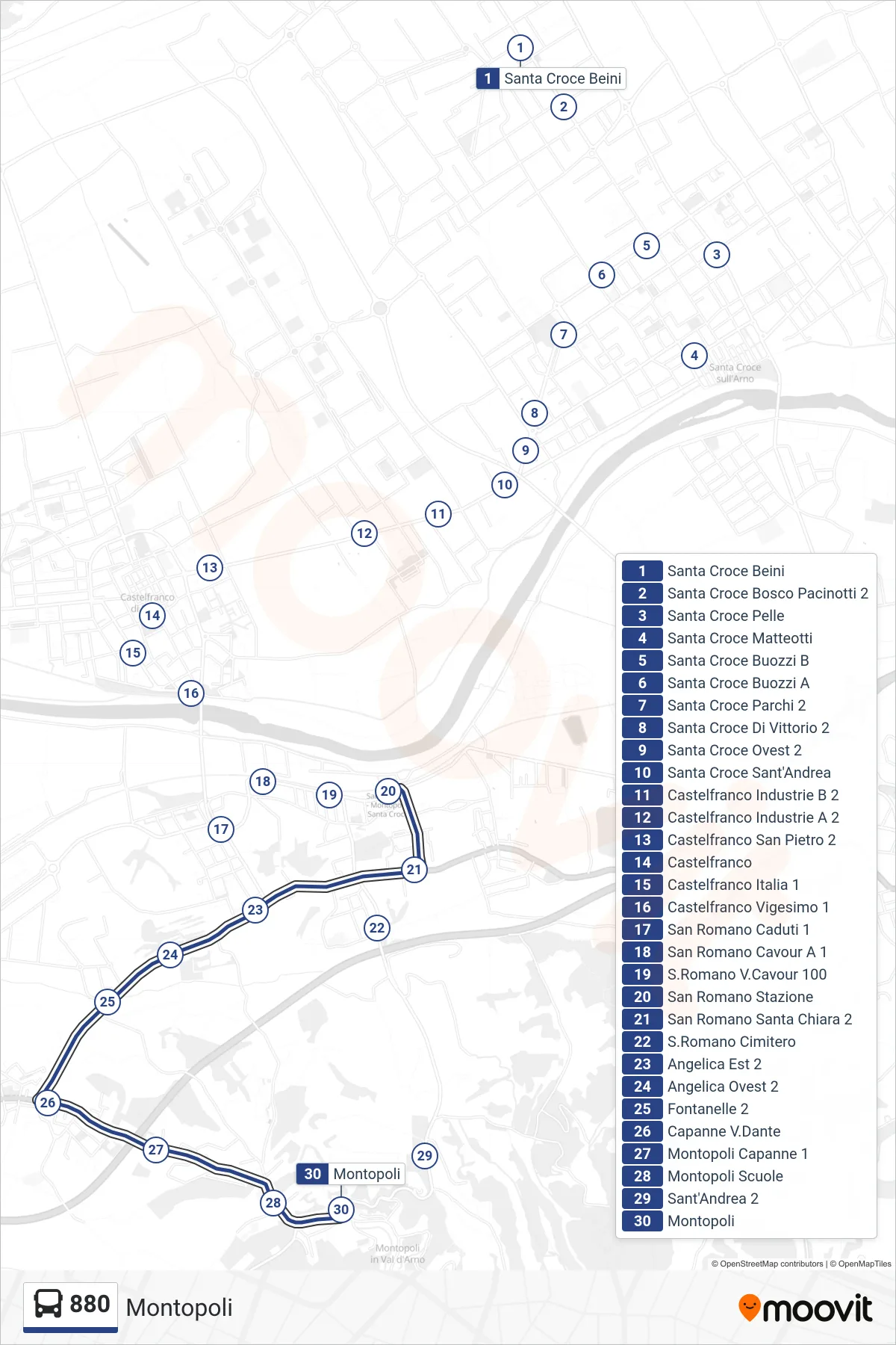 Linea 880 tram (Montopoli) - Percorsi e fermate sulla mappa