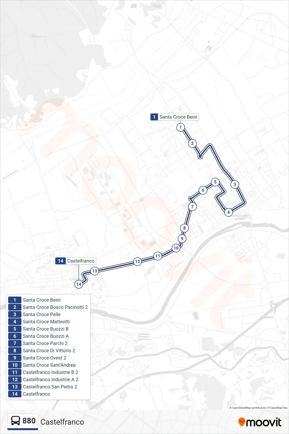 Linea 880  tram (Castelfranco) - Percorsi e fermate sulla mappa