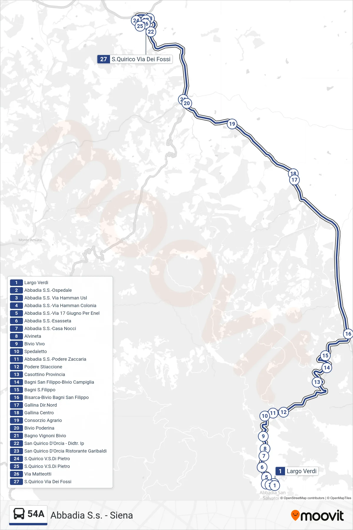 Linea 54A tram (S.Quirico Via Dei Fossi) - Percorsi e fermate sulla mappa