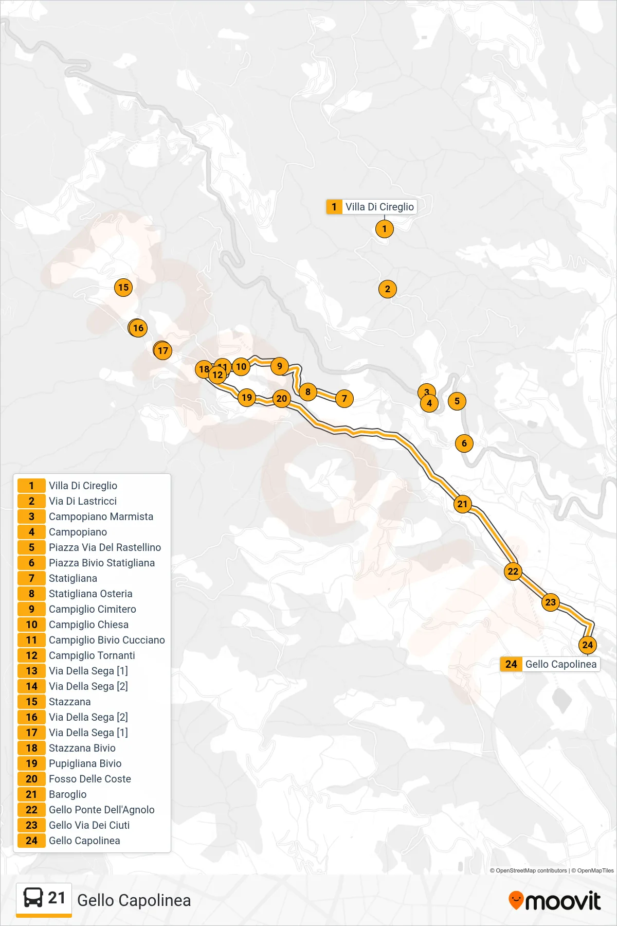 Linea 21  bus (Gello Capolinea) - Percorsi e fermate sulla mappa