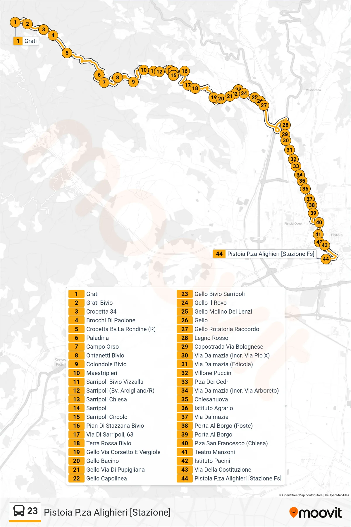 Linea 23  bus (Pistoia P.za Alighieri [Stazione]) - Percorsi e fermate sulla mappa