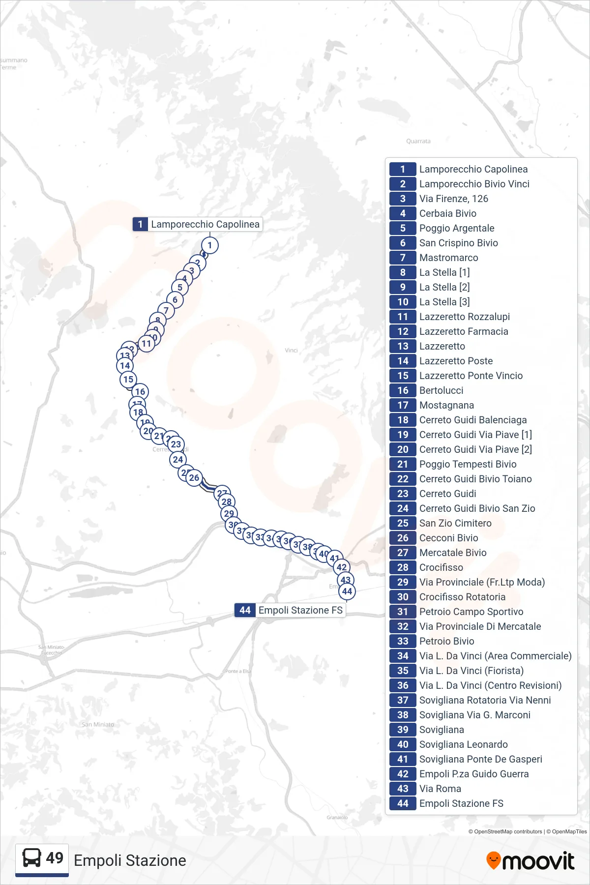 Linea 49 bus (Empoli Stazione) - Percorsi e fermate sulla mappa