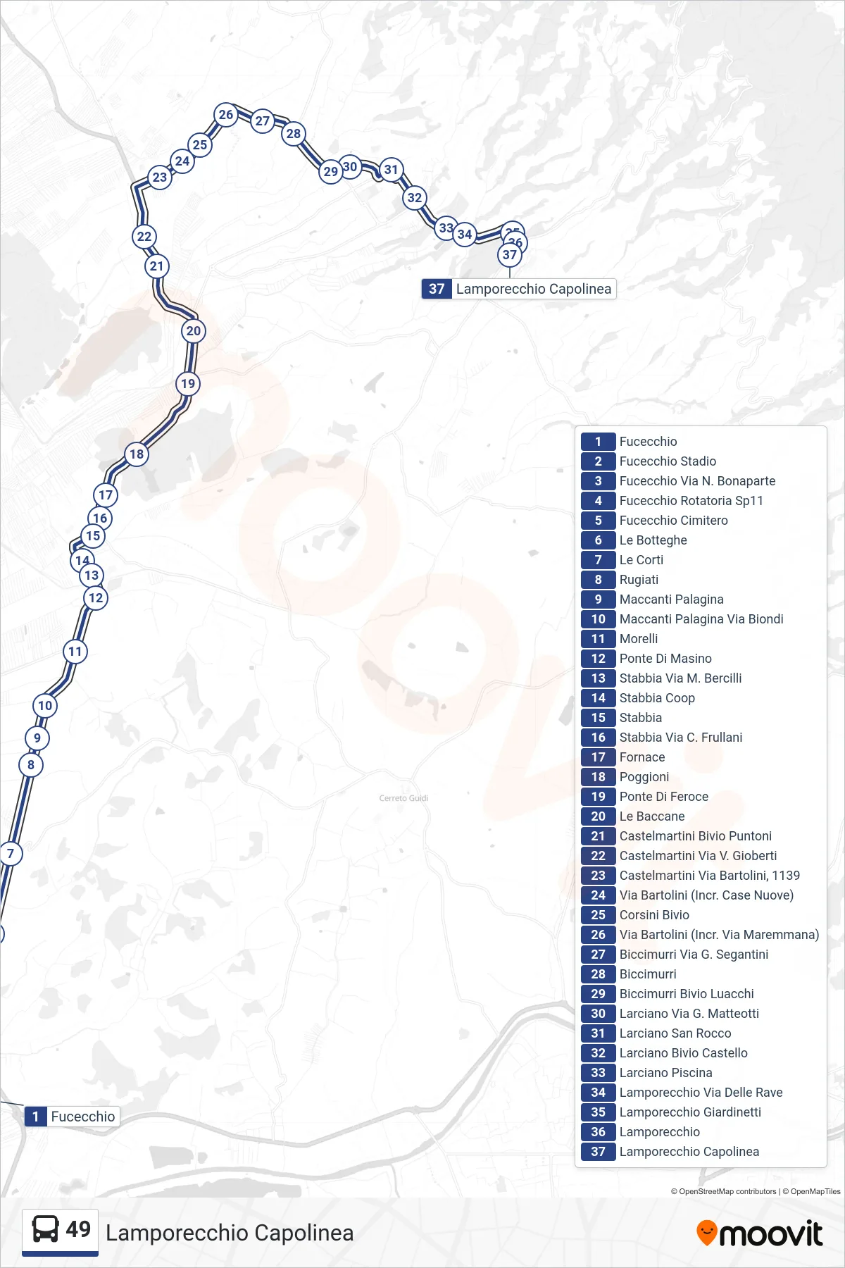 Linea 49 bus (Lamporecchio Capolinea) - Percorsi e fermate sulla mappa