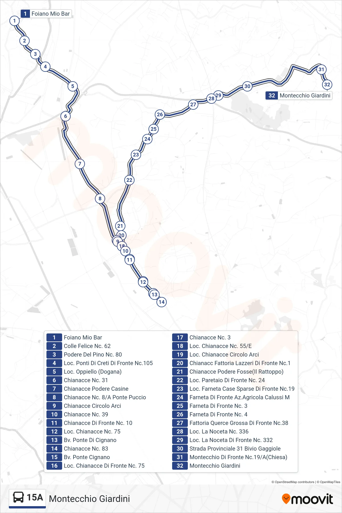 Linea 15A bus (Montecchio Giardini) - Percorsi e fermate sulla mappa