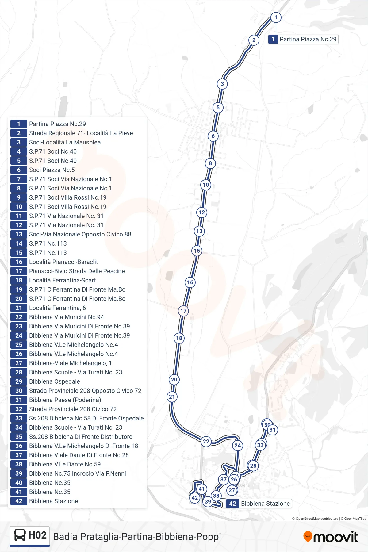 Linea H02 bus (Bibbiena Stazione) - Percorsi e fermate sulla mappa