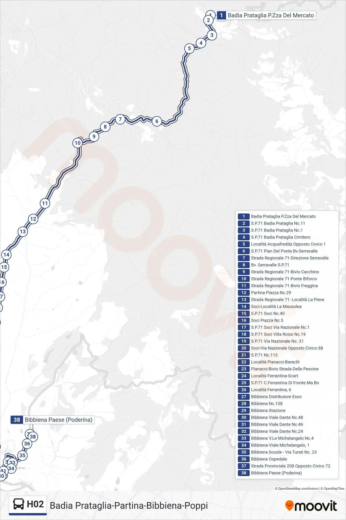 Linea H02 bus (Bibbiena Paese (Poderina)) - Percorsi e fermate sulla mappa