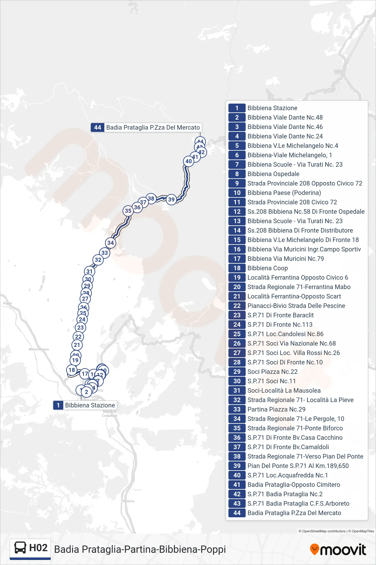 Linea H02 bus (Badia Prataglia P.za Del Mercato) - Percorsi e fermate sulla mappa