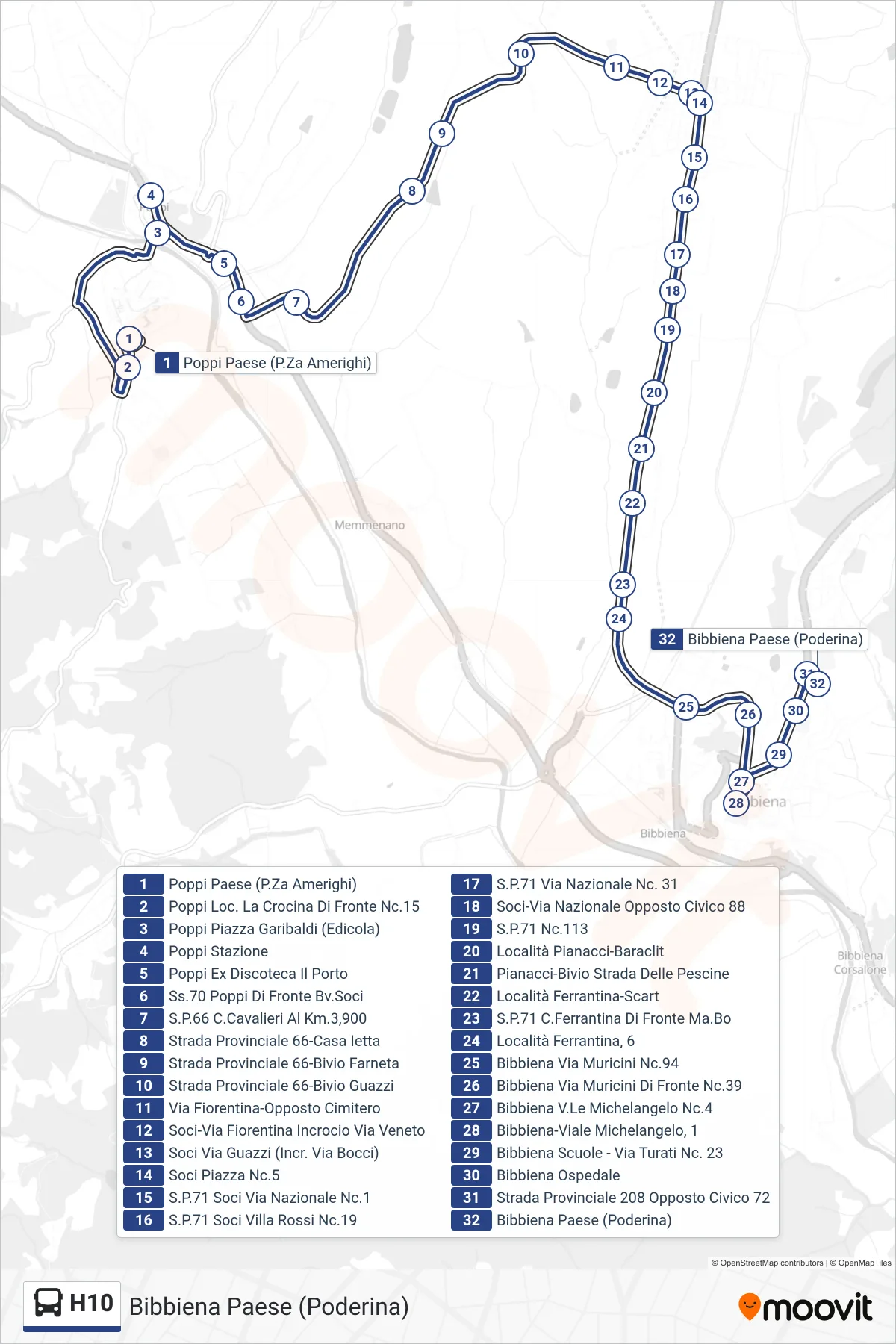 Linea H10  bus (Bibbiena Paese (Poderina)) - Percorsi e fermate sulla mappa