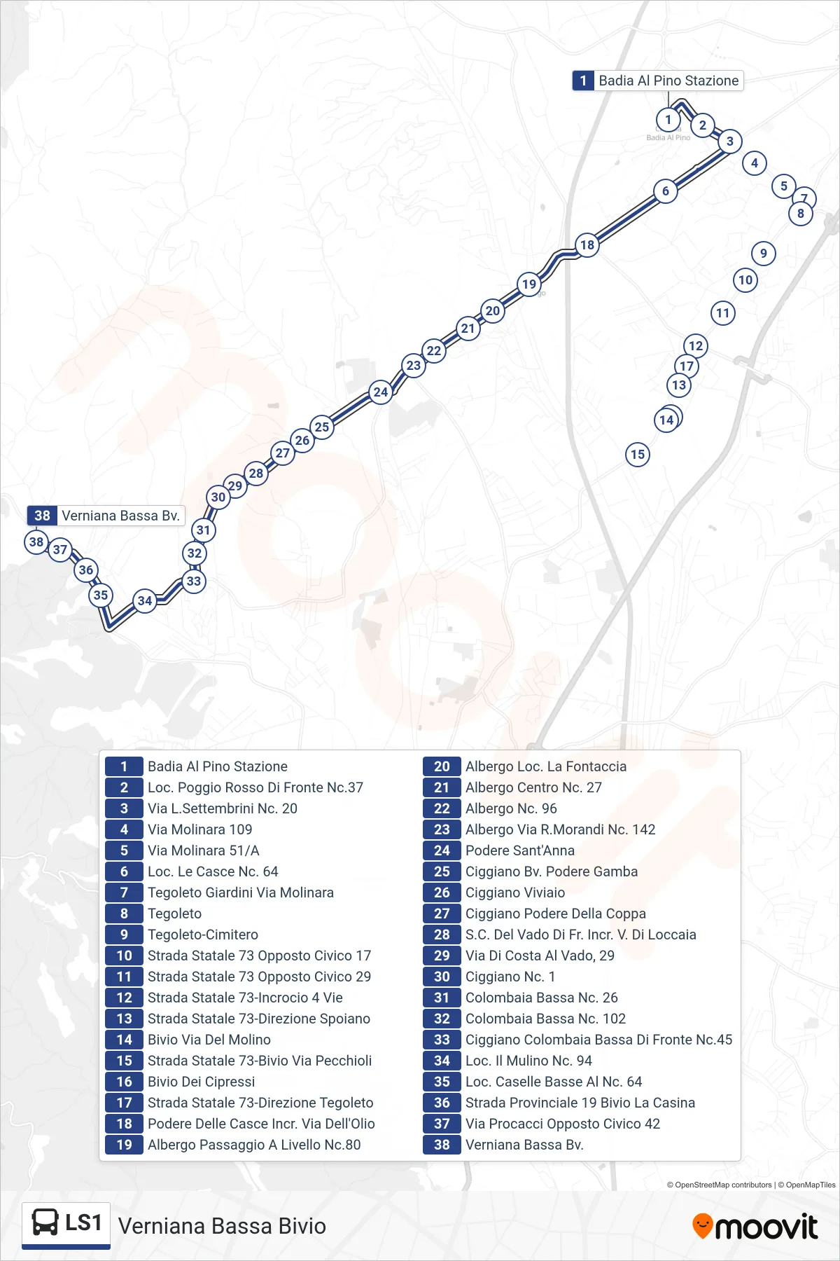 Linea LS1 bus (Verniana Bassa Bivio) - Percorsi e fermate sulla mappa