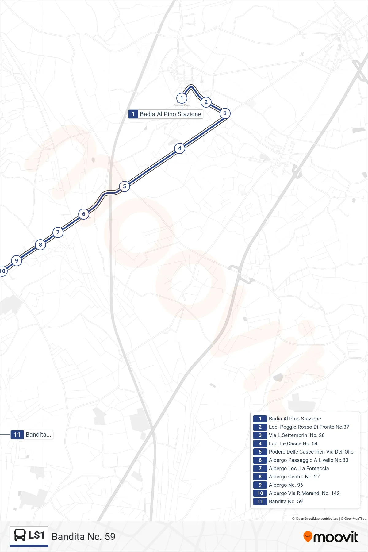 Linea LS1 bus (Bandita Nc. 59) - Percorsi e fermate sulla mappa