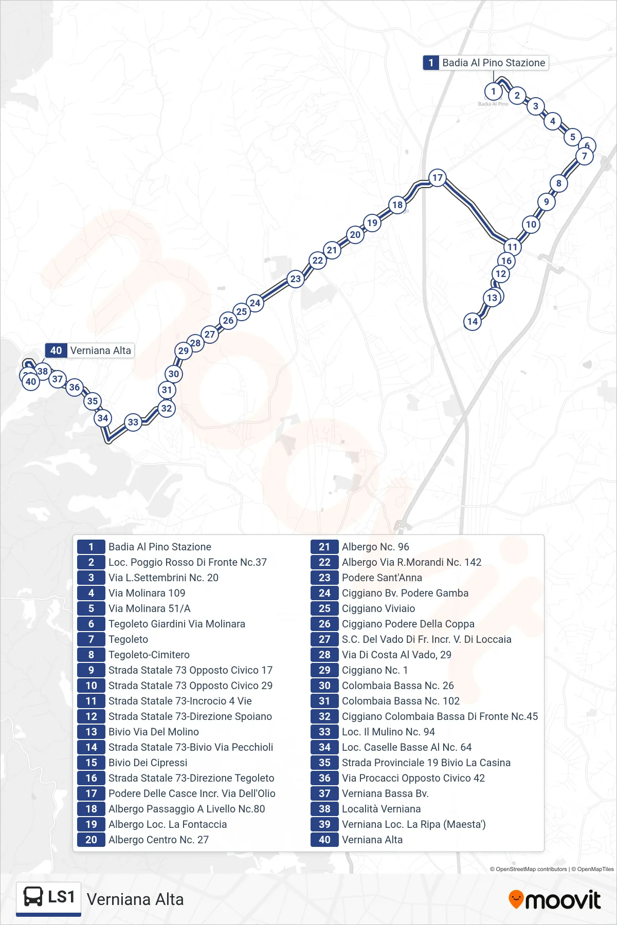 Linea LS1 bus (Verniana Alta) - Percorsi e fermate sulla mappa