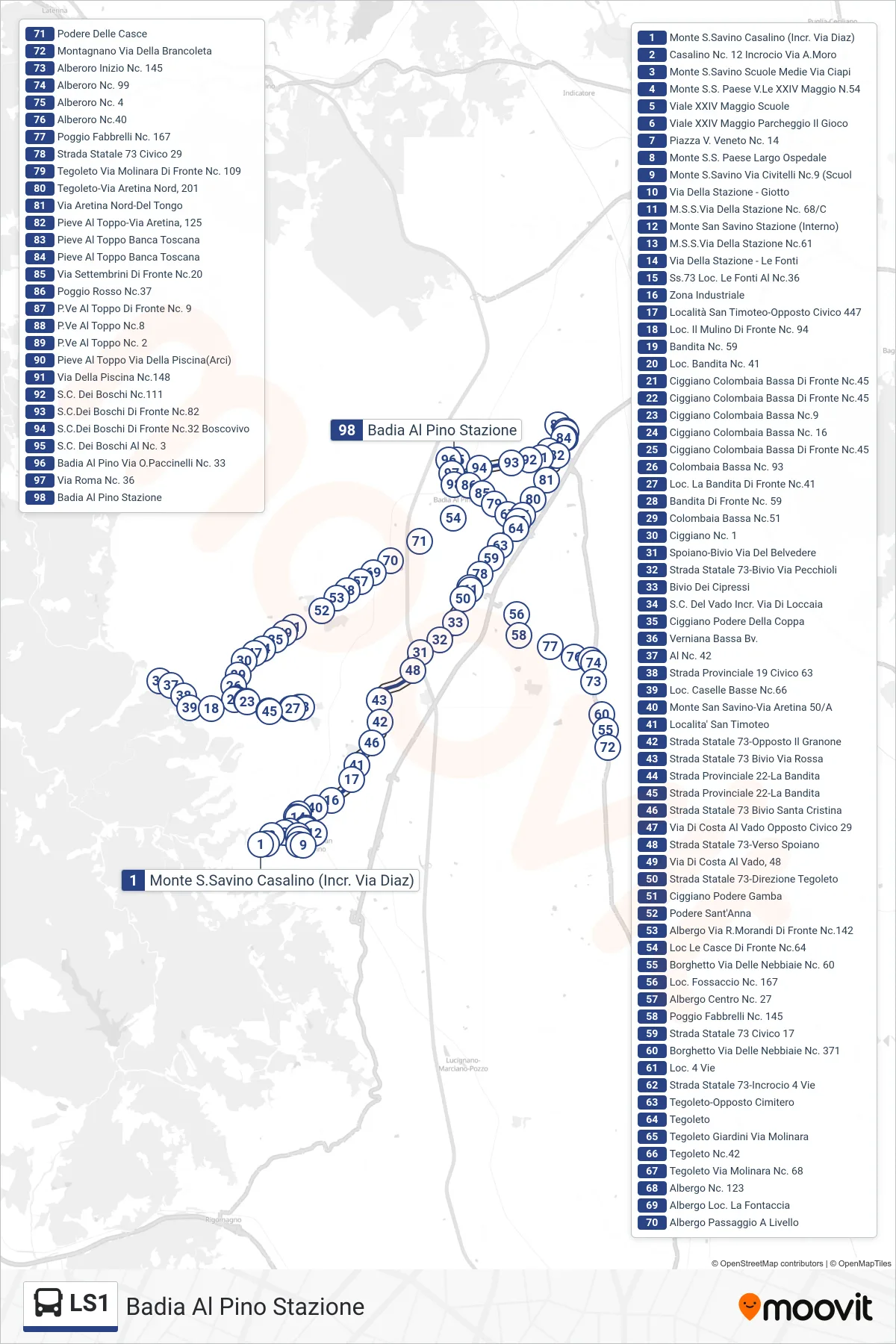 Linea LS1 bus (Badia Al Pino Stazione) - Percorsi e fermate sulla mappa