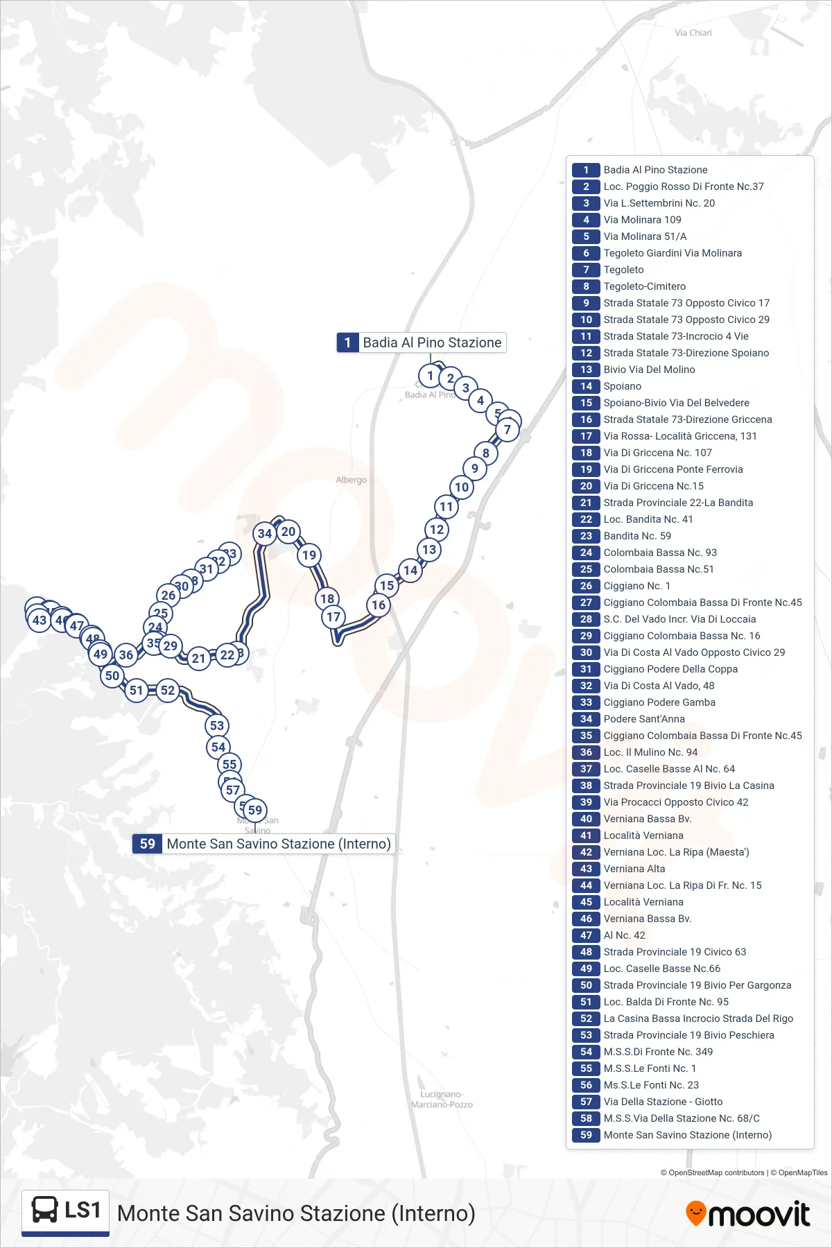 Linea LS1 bus (Monte San Savino Stazione (Interno)) - Percorsi e fermate sulla mappa