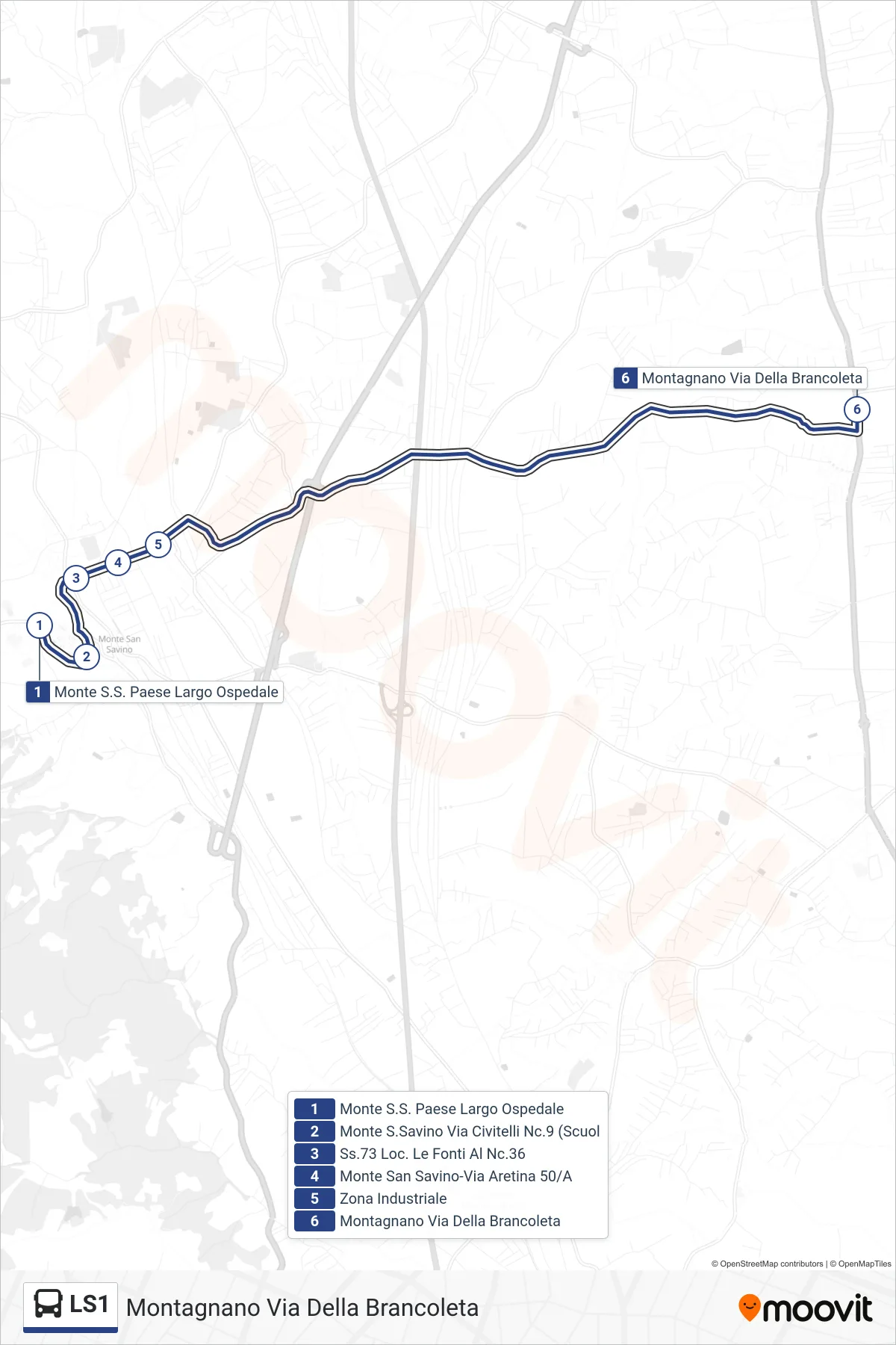 Linea LS1  bus (Montagnano Via Della Brancoleta) - Percorsi e fermate sulla mappa