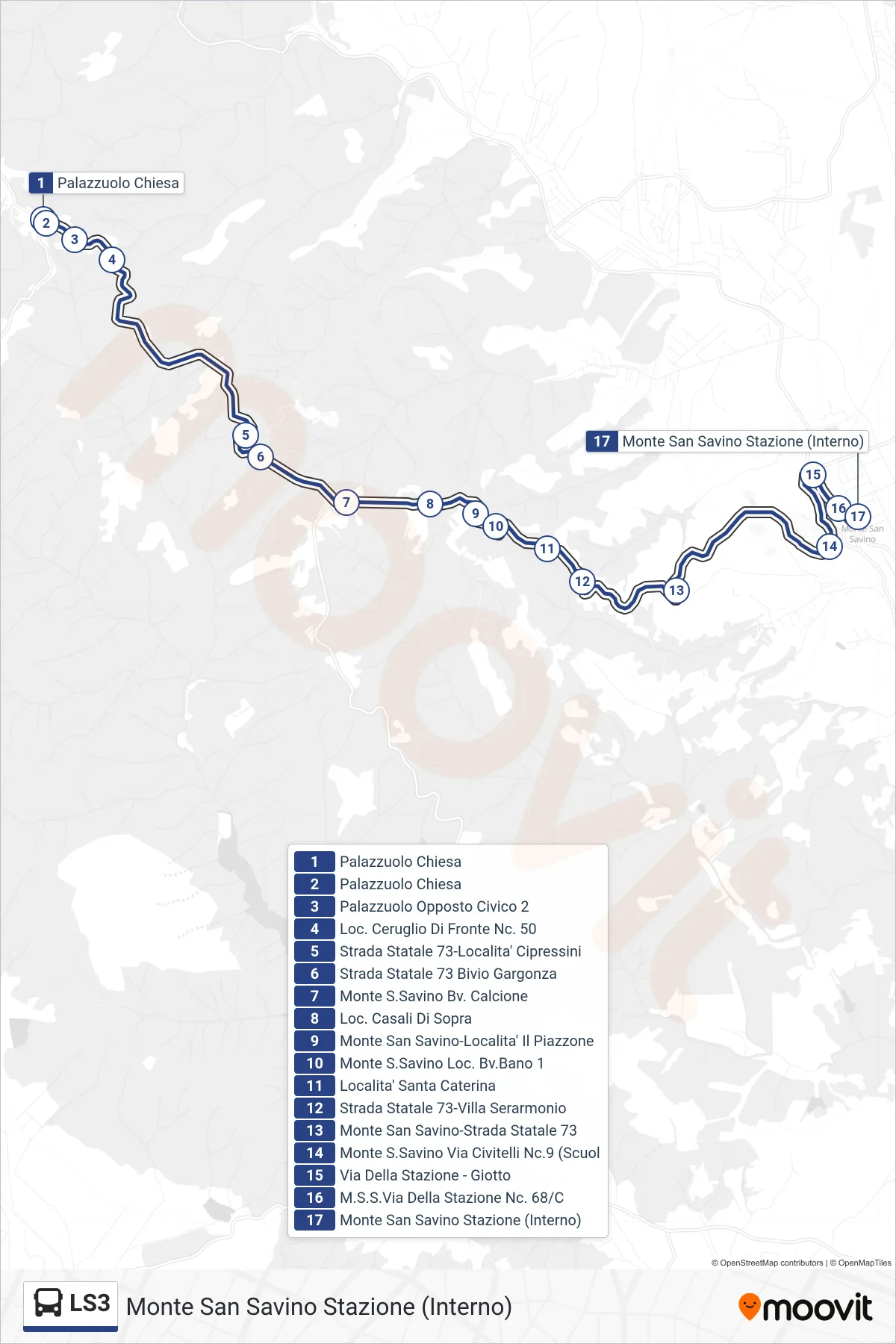 Linea LS3  bus (Monte San Savino Stazione (Interno)) - Percorsi e fermate sulla mappa