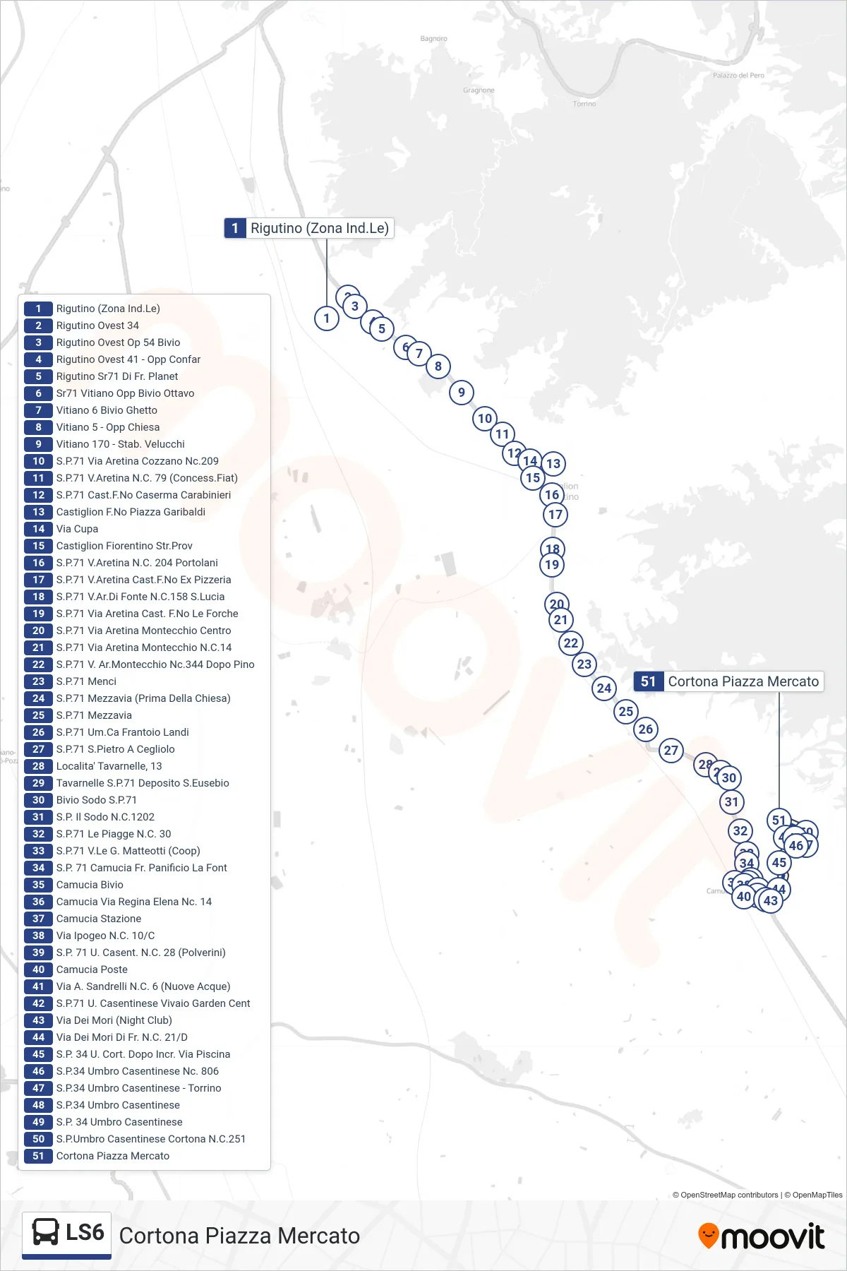 Linea LS6  bus (Cortona Piazza Mercato) - Percorsi e fermate sulla mappa
